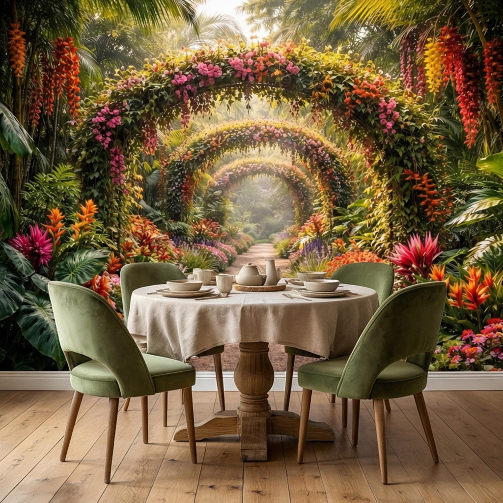 Tropical Floral Garden Archway Peel and Stick Wall Mural, Colorful Jungle Path Botanical Wallpaper