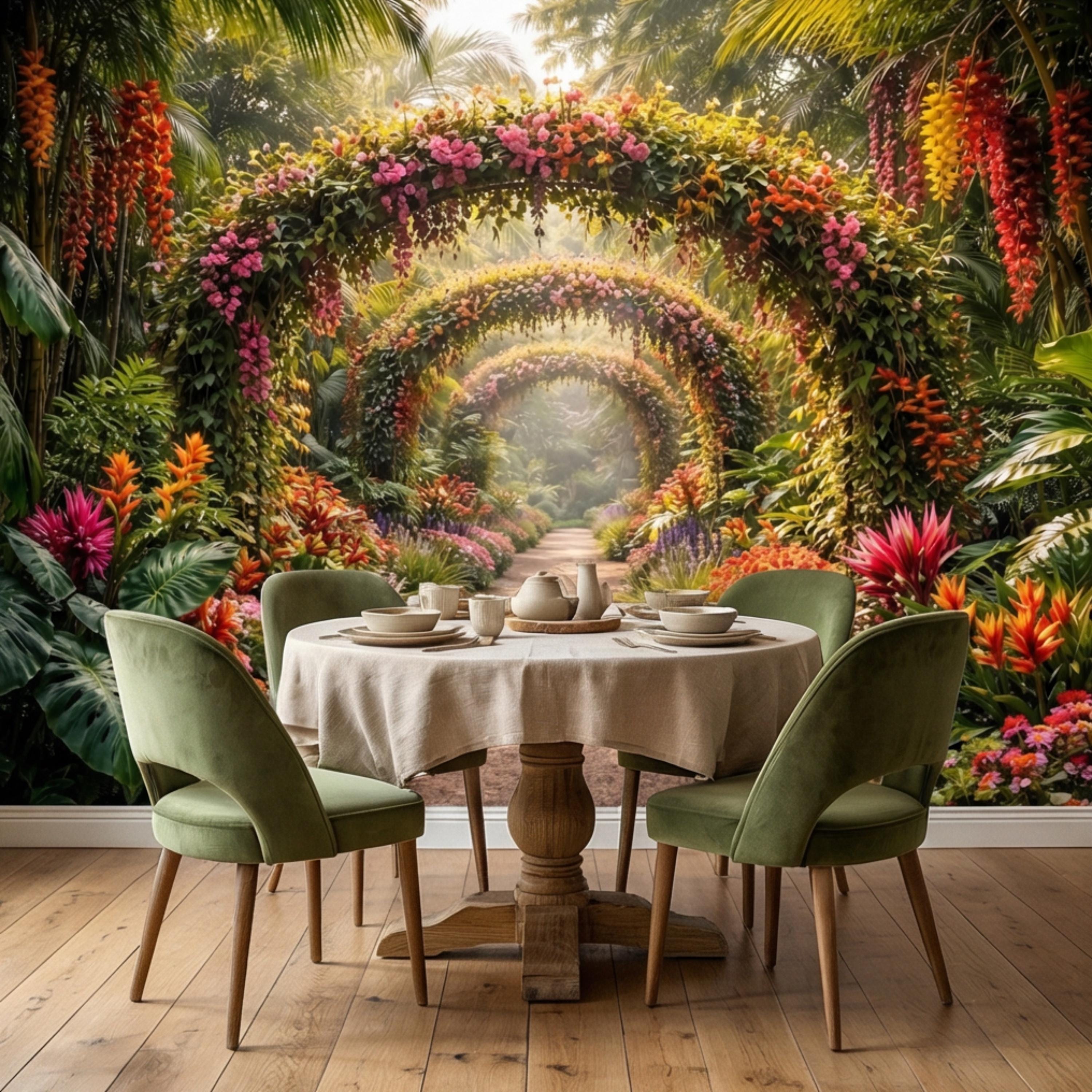 Tropical Floral Garden Archway Peel and Stick Wall Mural, Colorful Jungle Path Botanical Wallpaper