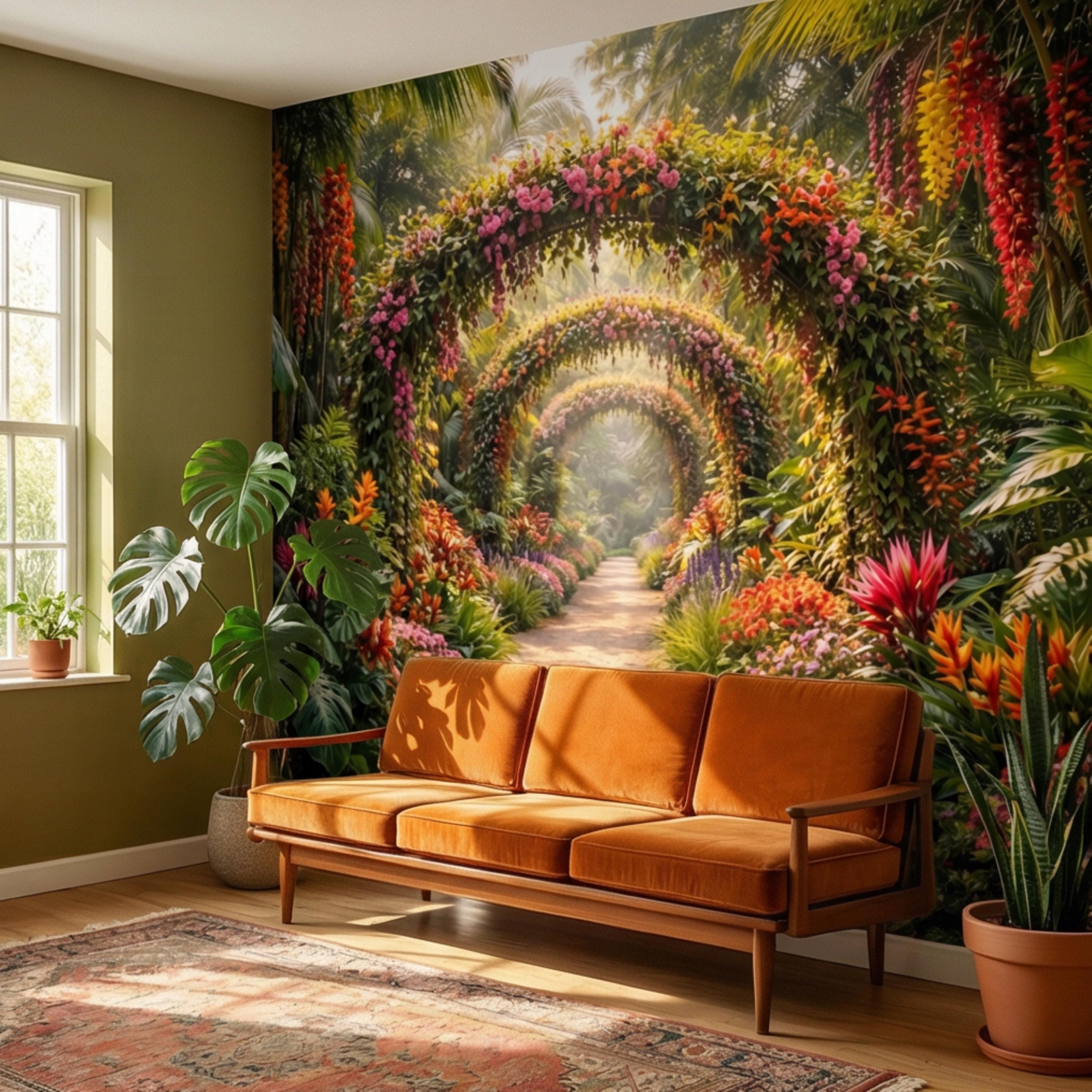 Tropical Floral Garden Archway Peel and Stick Wall Mural, Colorful Jungle Path Botanical Wallpaper