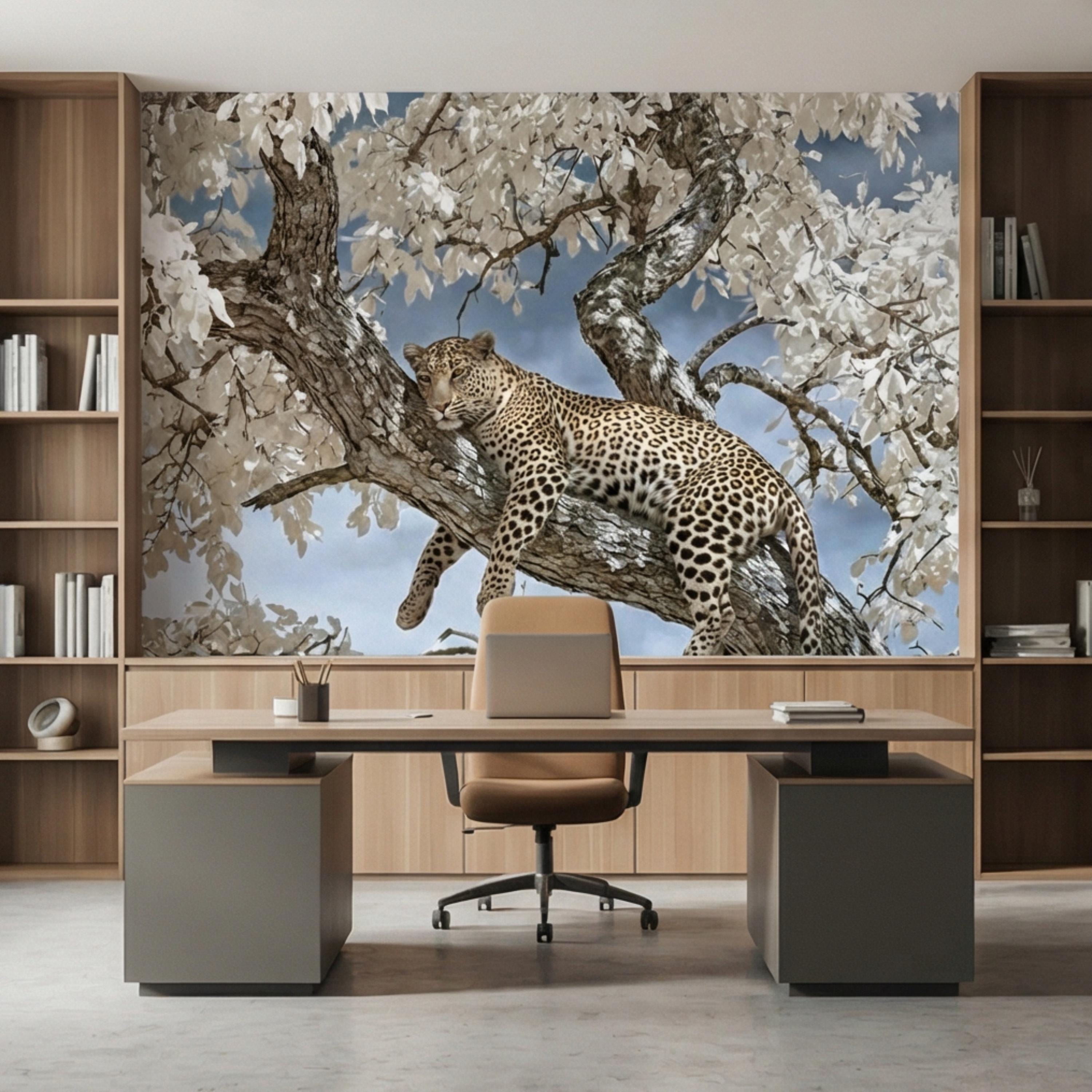 Modern Luxe Safari Leopard Peel and Stick Wall Mural, Neutral Contemporary Wildlife Wallpaper, Elegant Exotic Animal Wall Decor
