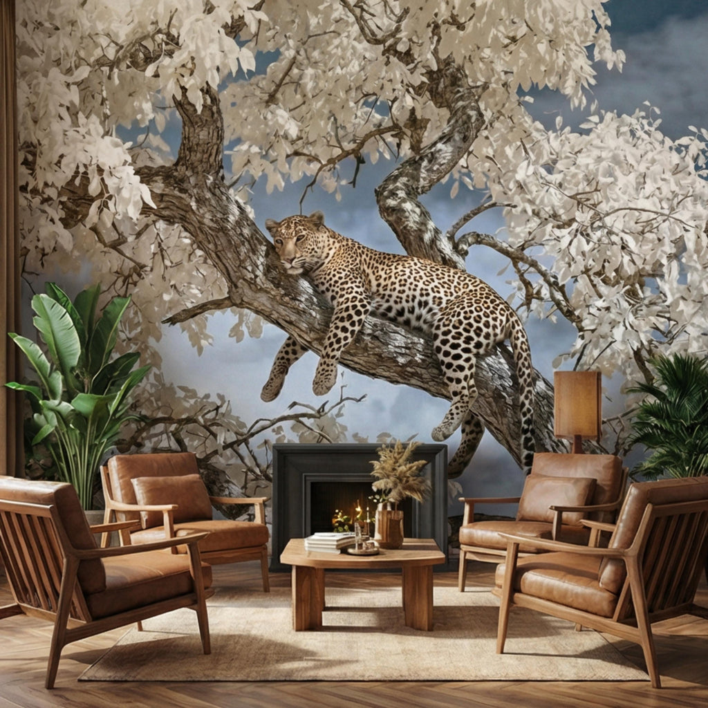 Modern Luxe Safari Leopard Peel and Stick Wall Mural, Neutral Contemporary Wildlife Wallpaper, Elegant Exotic Animal Wall Decor