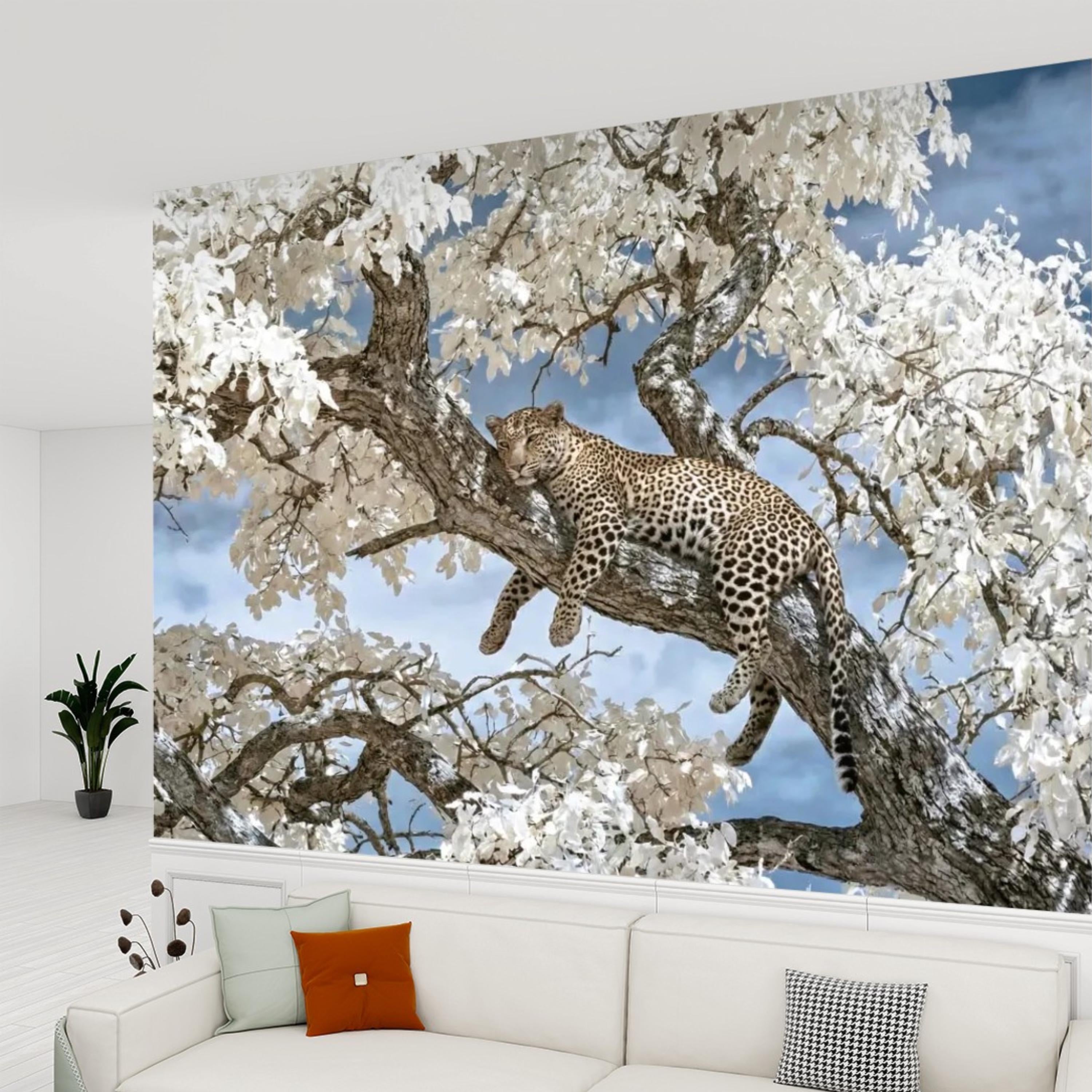 Modern Luxe Safari Leopard Peel and Stick Wall Mural, Neutral Contemporary Wildlife Wallpaper, Elegant Exotic Animal Wall Decor
