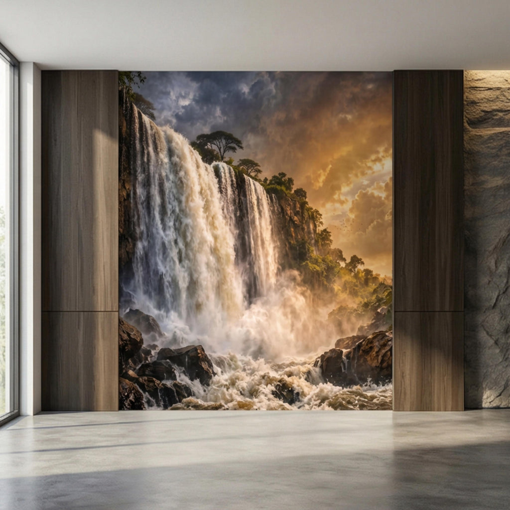 Epic Jungle Waterfall Sunset Peel and Stick Wall Mural, Dramatic Tropical Landscape Wallpaper