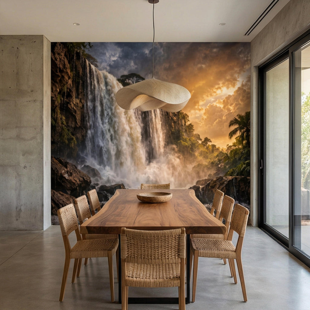 Epic Jungle Waterfall Sunset Peel and Stick Wall Mural, Dramatic Tropical Landscape Wallpaper