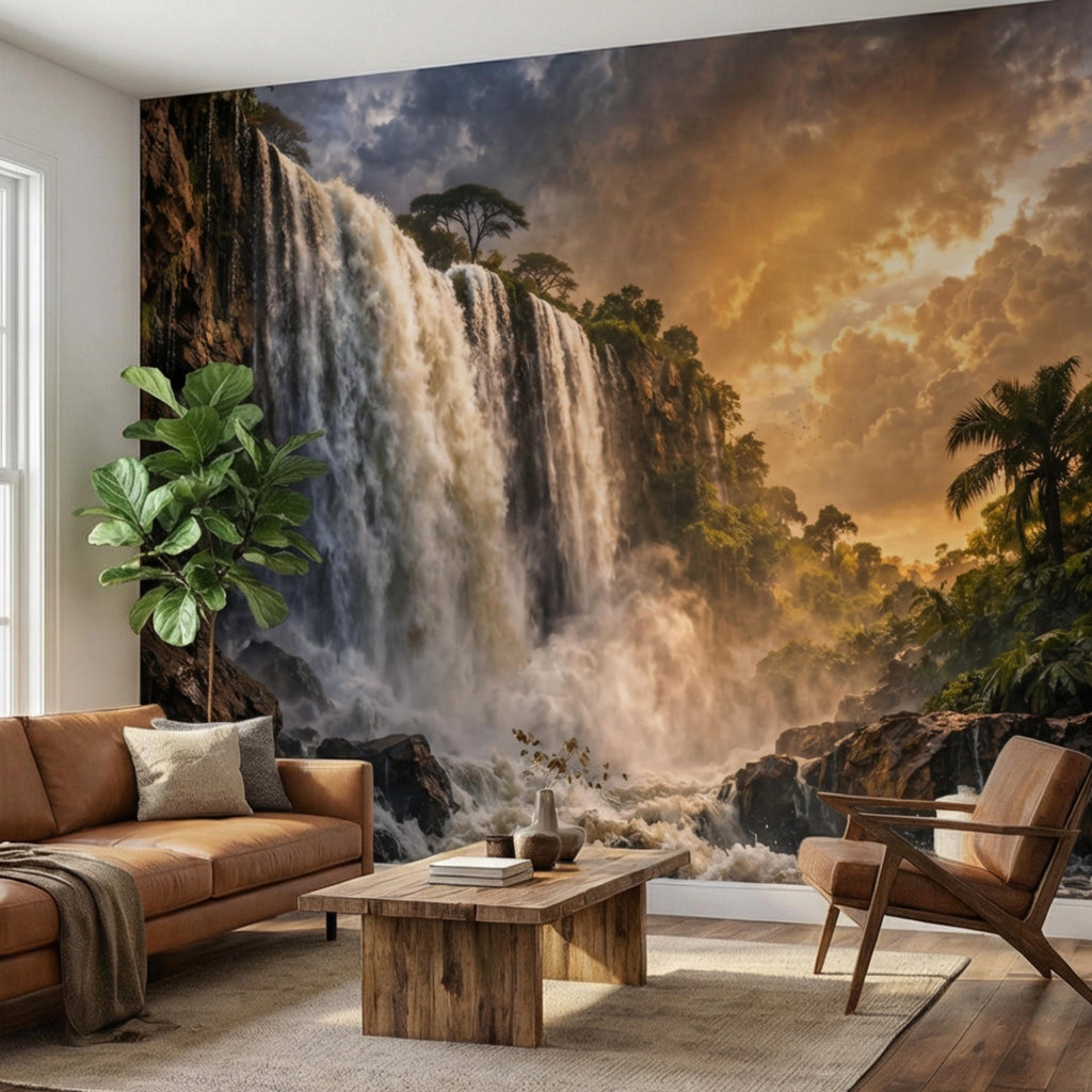 Epic Jungle Waterfall Sunset Peel and Stick Wall Mural, Dramatic Tropical Landscape Wallpaper