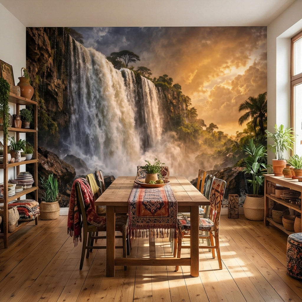 Epic Jungle Waterfall Sunset Peel and Stick Wall Mural, Dramatic Tropical Landscape Wallpaper