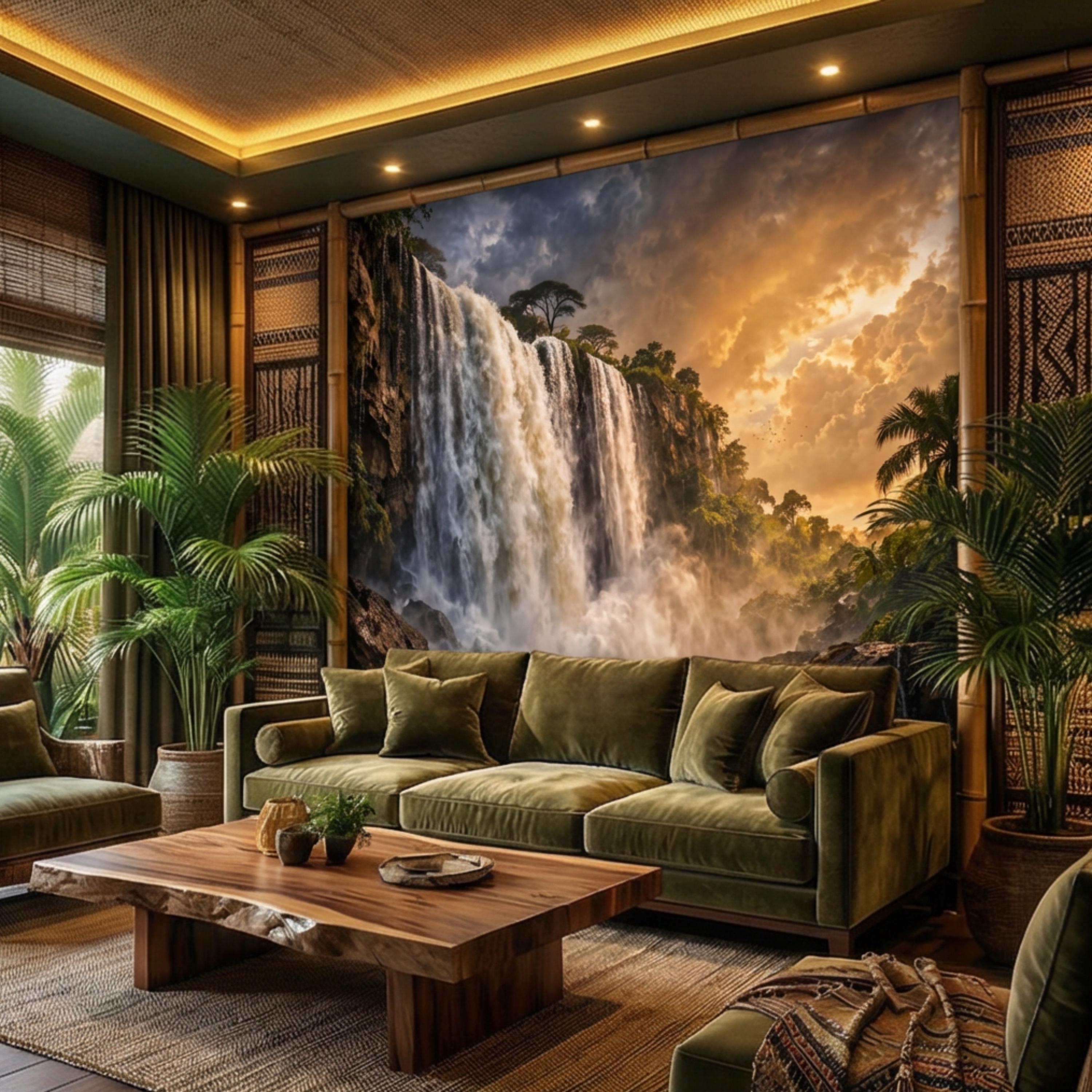 Epic Jungle Waterfall Sunset Peel and Stick Wall Mural, Dramatic Tropical Landscape Wallpaper