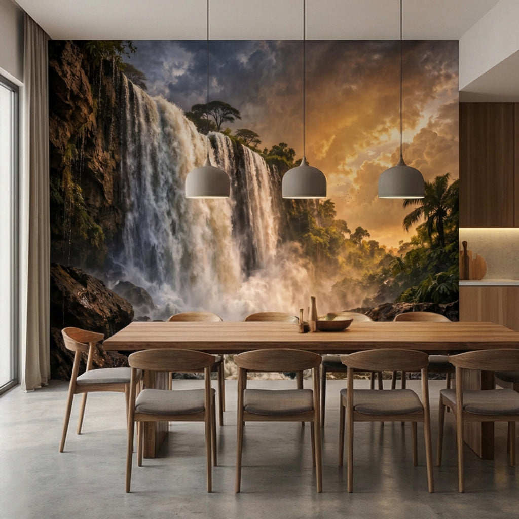 Epic Jungle Waterfall Sunset Peel and Stick Wall Mural, Dramatic Tropical Landscape Wallpaper