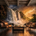 Epic Jungle Waterfall Sunset Peel and Stick Wall Mural, Dramatic Tropical Landscape Wallpaper