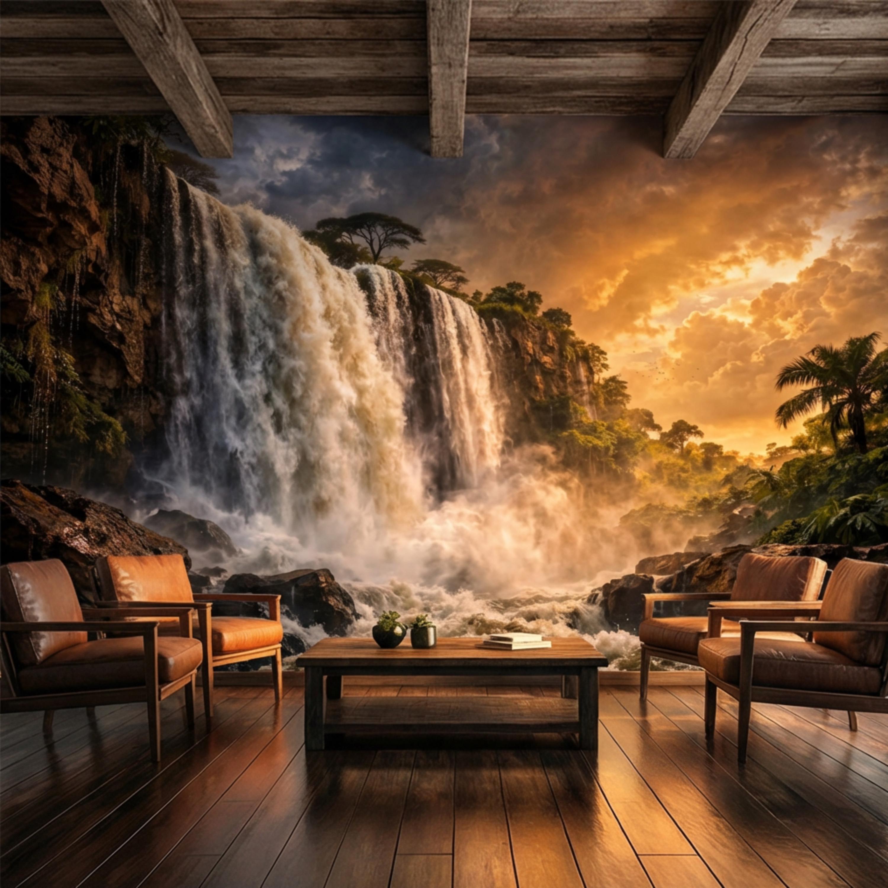 Epic Jungle Waterfall Sunset Peel and Stick Wall Mural, Dramatic Tropical Landscape Wallpaper