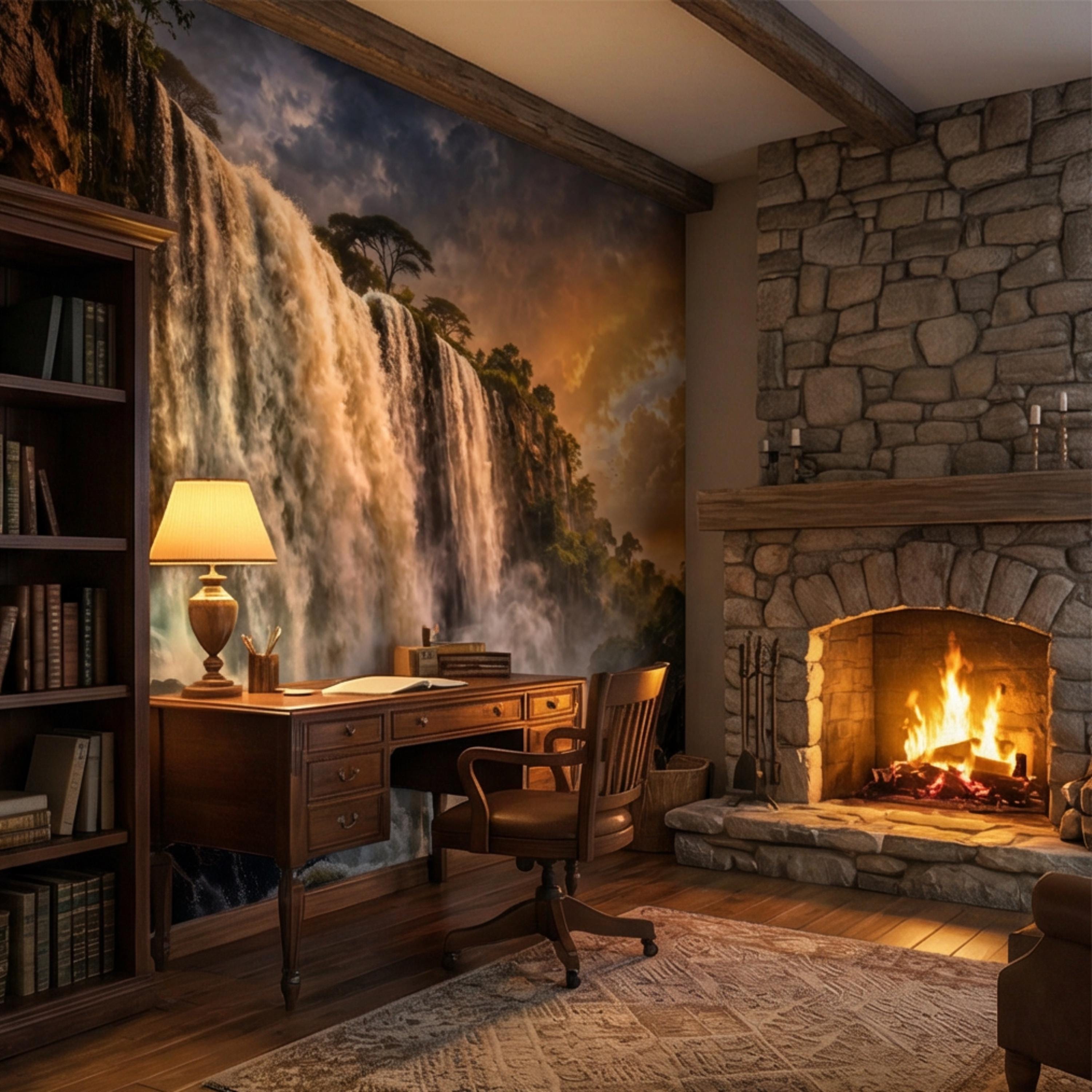 Epic Jungle Waterfall Sunset Peel and Stick Wall Mural, Dramatic Tropical Landscape Wallpaper