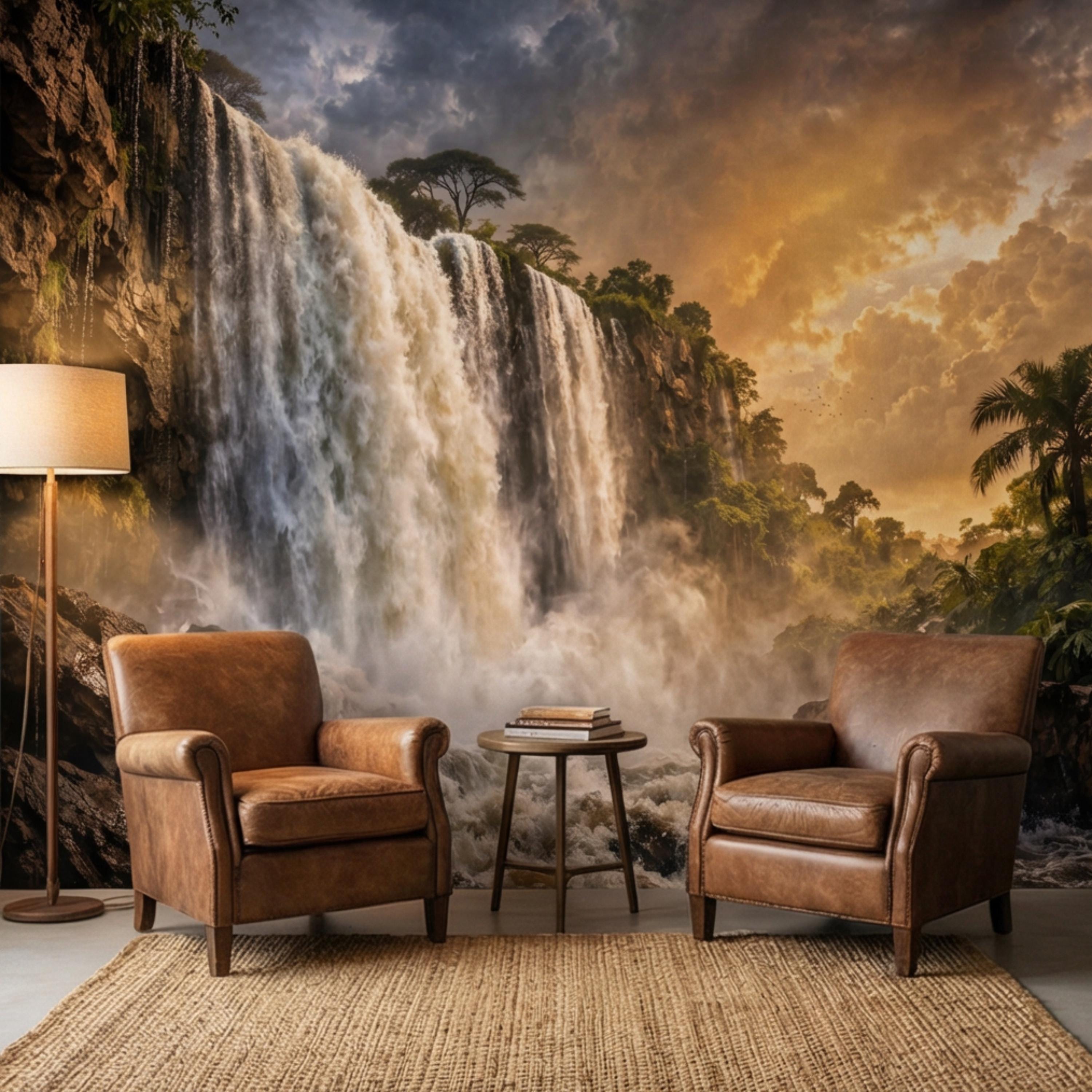 Epic Jungle Waterfall Sunset Peel and Stick Wall Mural, Dramatic Tropical Landscape Wallpaper