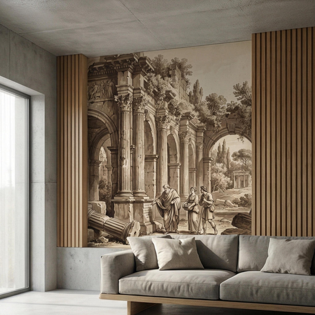 Ancient Roman Classical Ruins Peel and Stick Wall Mural, Sepia Architecture Engraving Wallpaper
