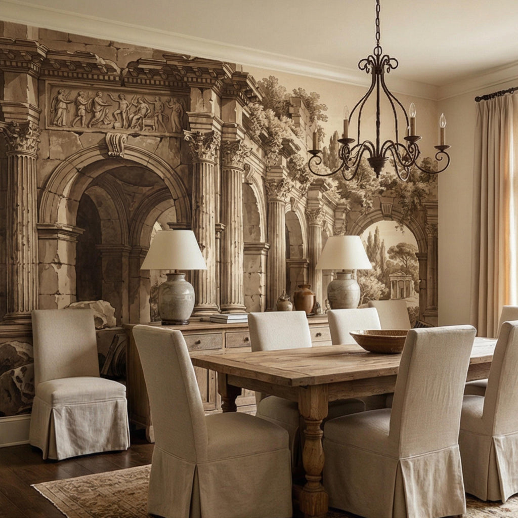 Ancient Roman Classical Ruins Peel and Stick Wall Mural, Sepia Architecture Engraving Wallpaper