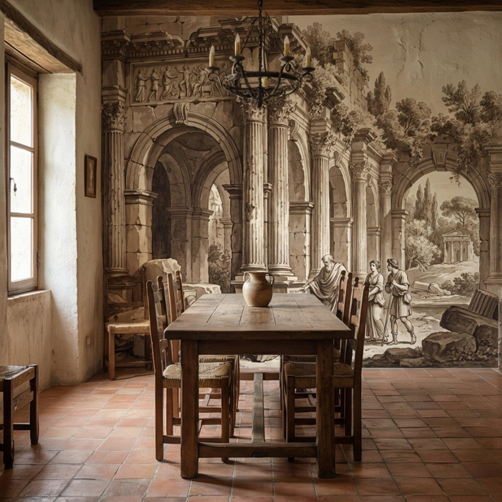 Ancient Roman Classical Ruins Peel and Stick Wall Mural, Sepia Architecture Engraving Wallpaper