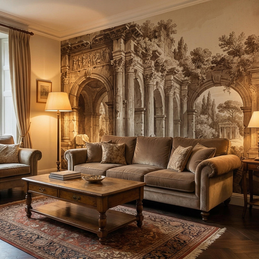 Ancient Roman Classical Ruins Peel and Stick Wall Mural, Sepia Architecture Engraving Wallpaper