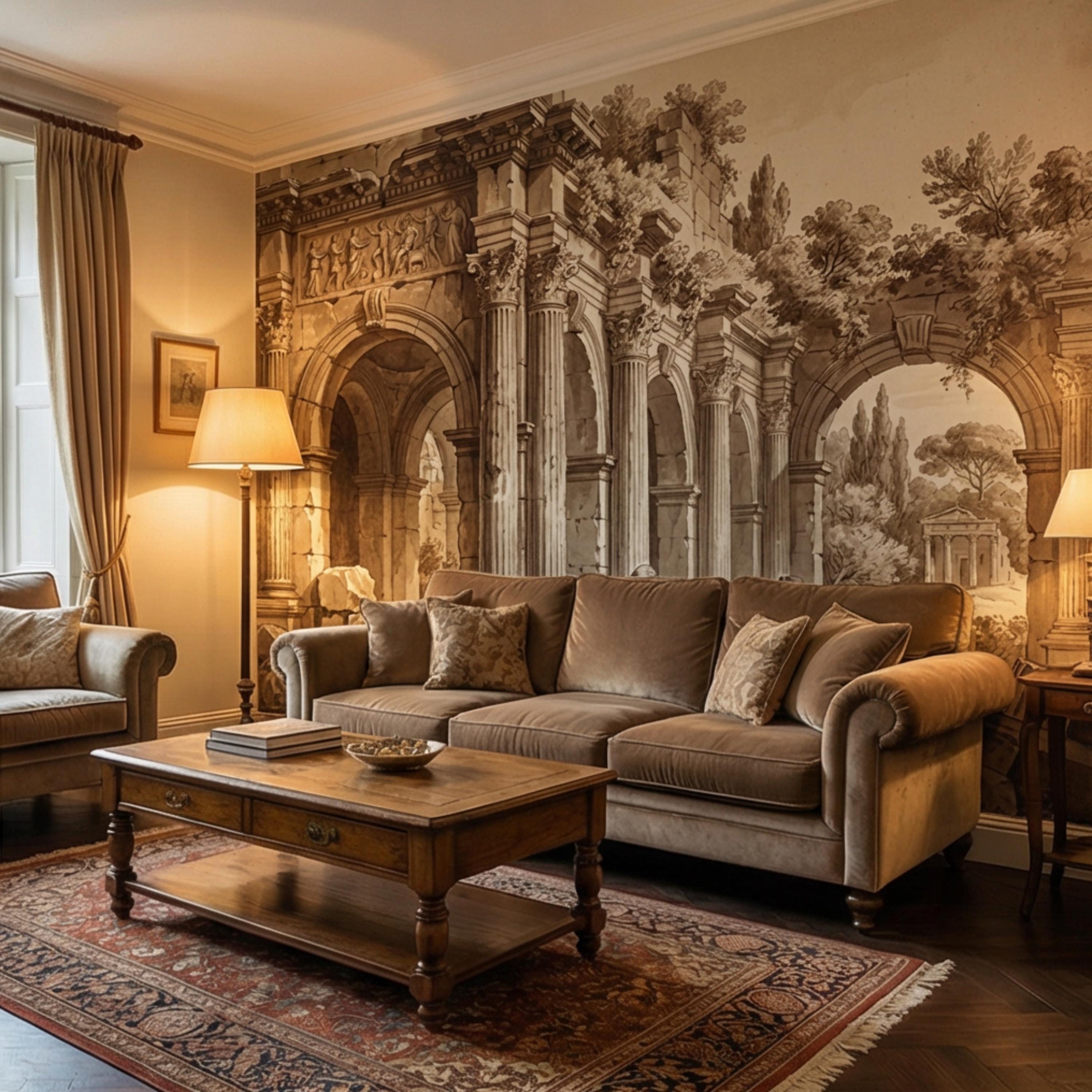Ancient Roman Classical Ruins Peel and Stick Wall Mural, Sepia Architecture Engraving Wallpaper
