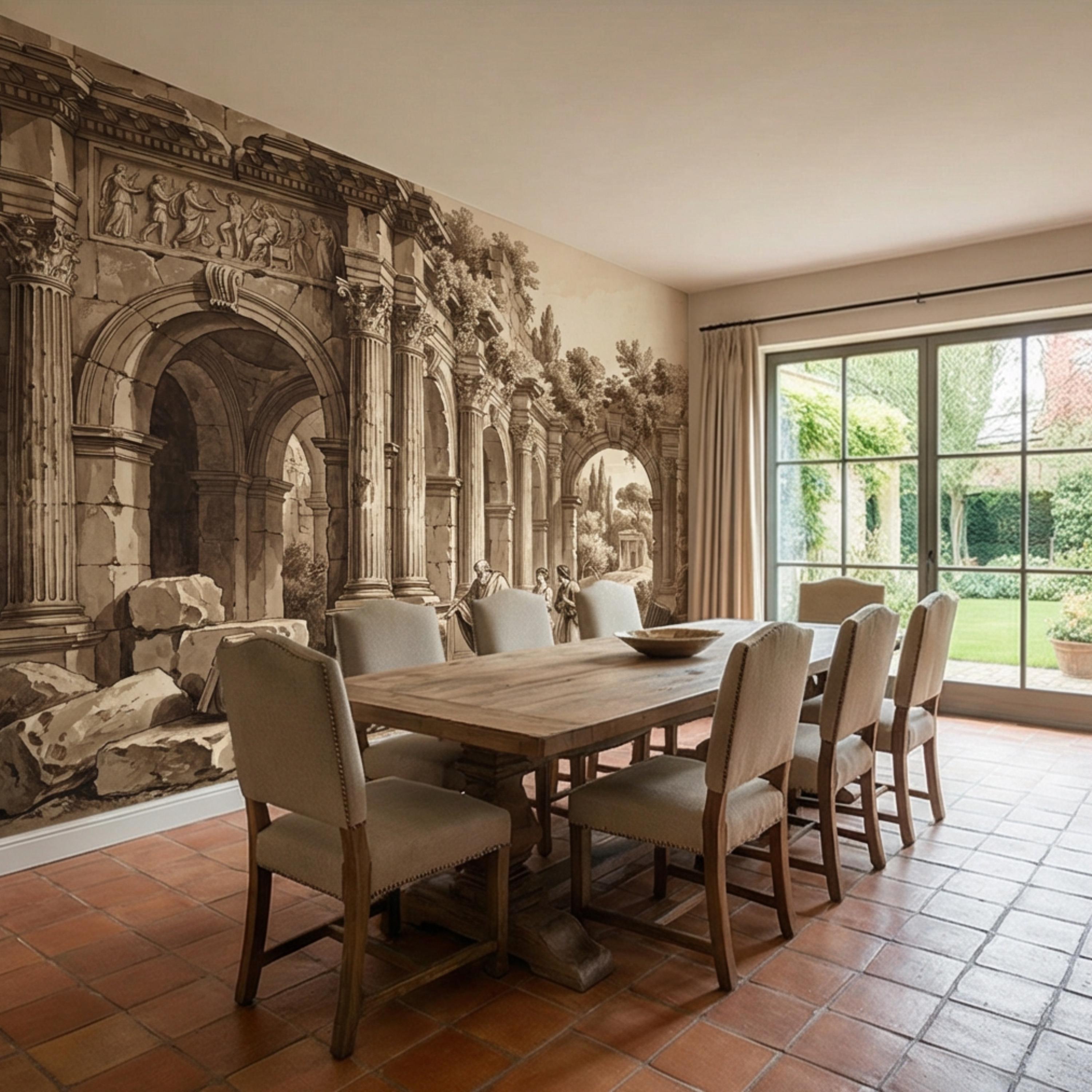 Ancient Roman Classical Ruins Peel and Stick Wall Mural, Sepia Architecture Engraving Wallpaper