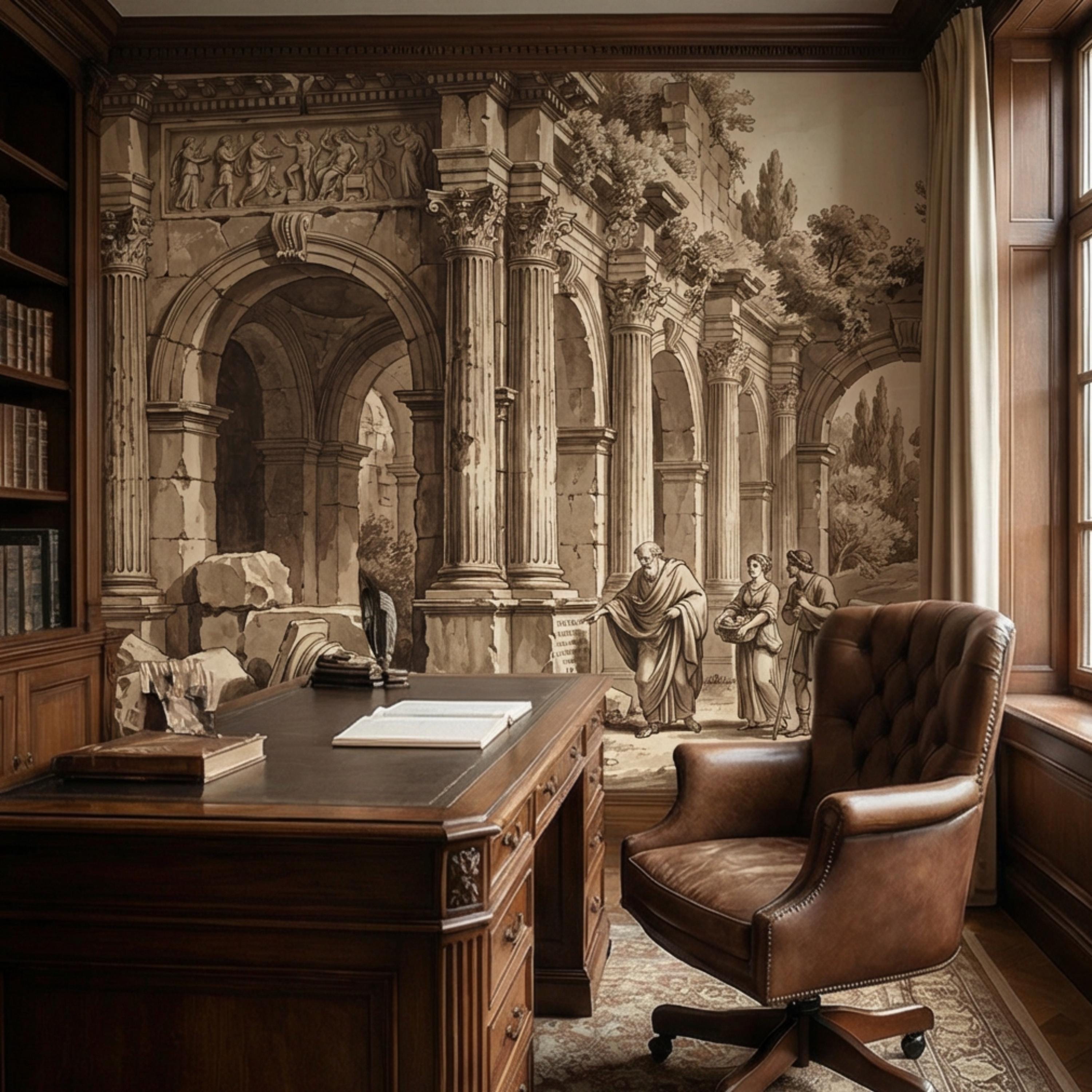 Ancient Roman Classical Ruins Peel and Stick Wall Mural, Sepia Architecture Engraving Wallpaper
