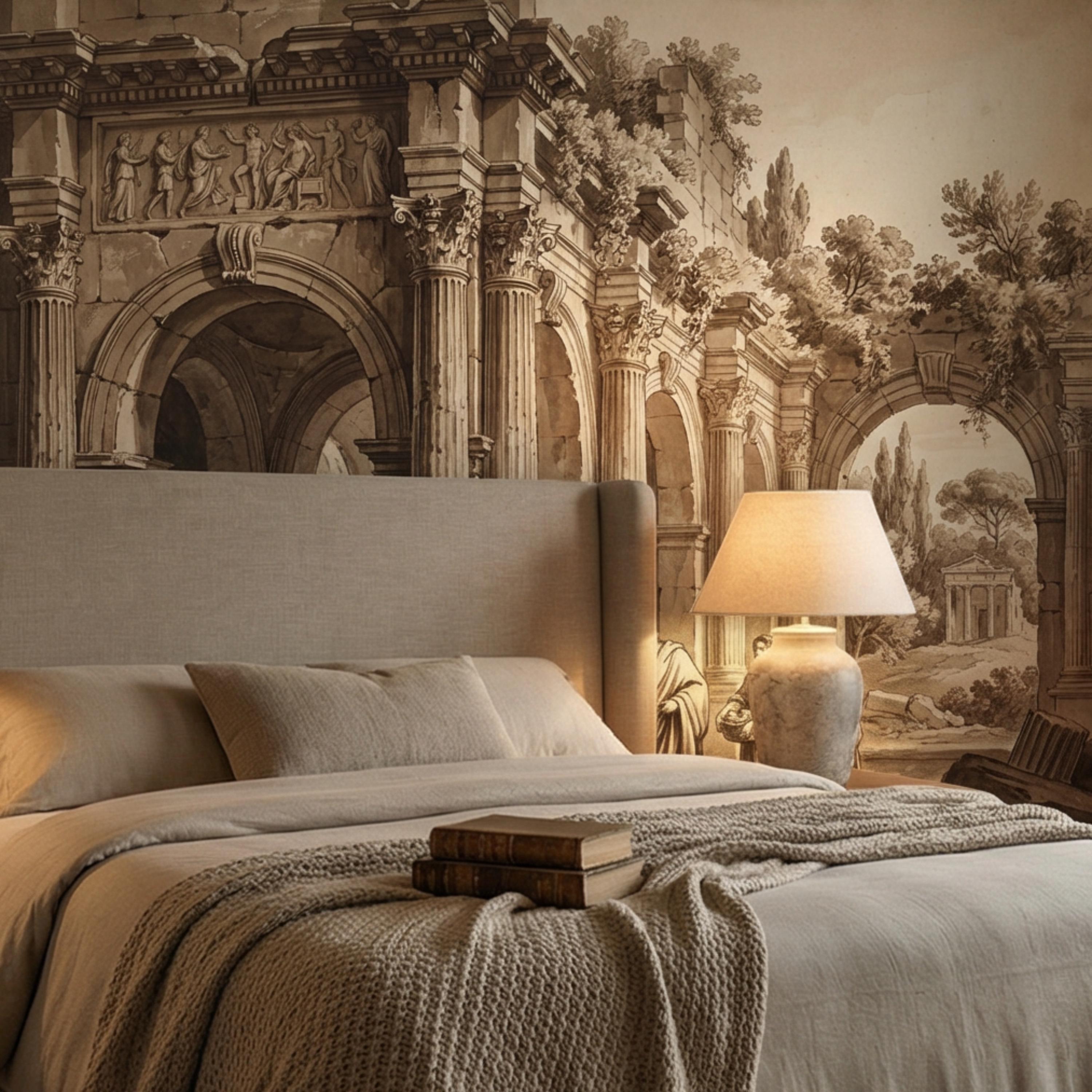 Ancient Roman Classical Ruins Peel and Stick Wall Mural, Sepia Architecture Engraving Wallpaper