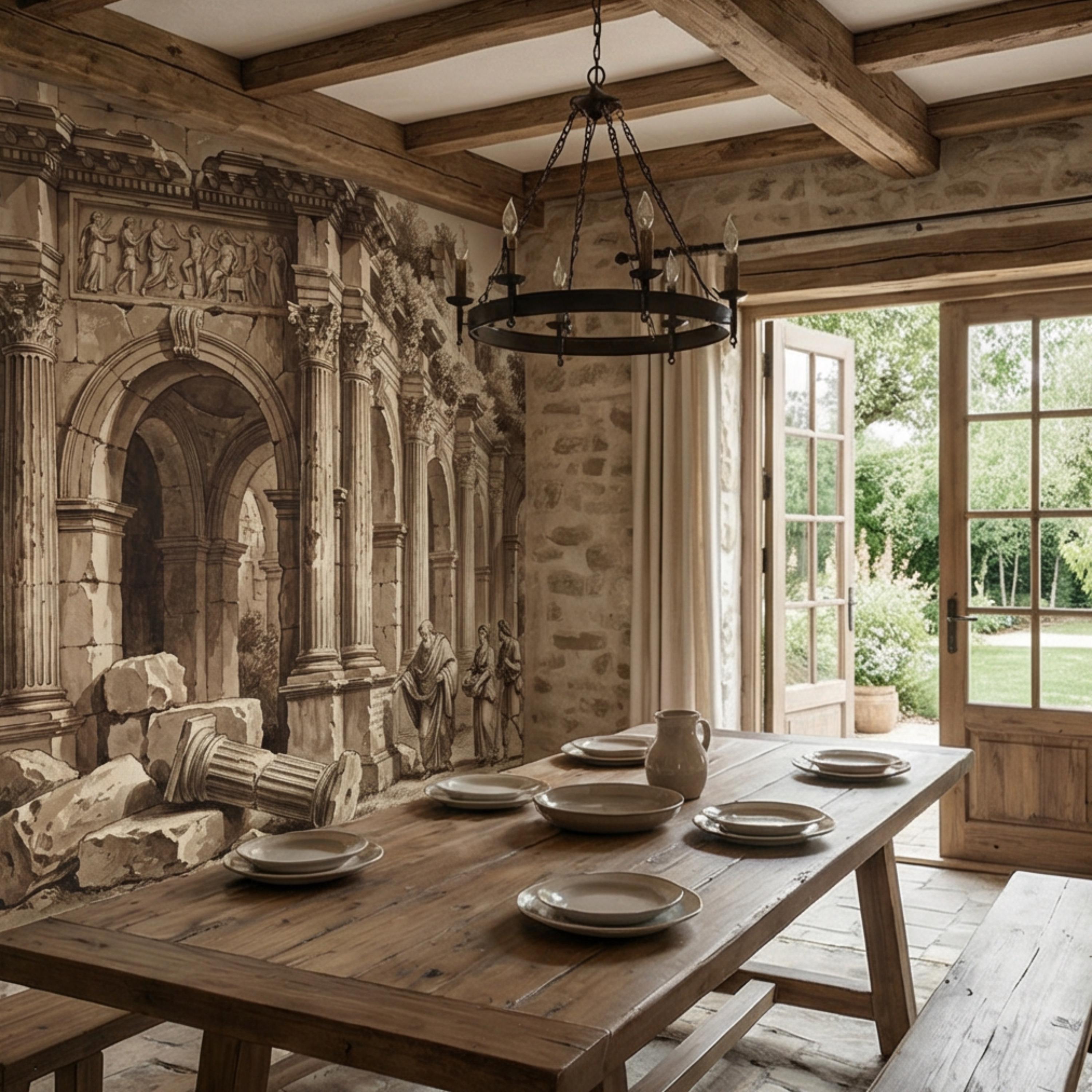 Ancient Roman Classical Ruins Peel and Stick Wall Mural, Sepia Architecture Engraving Wallpaper