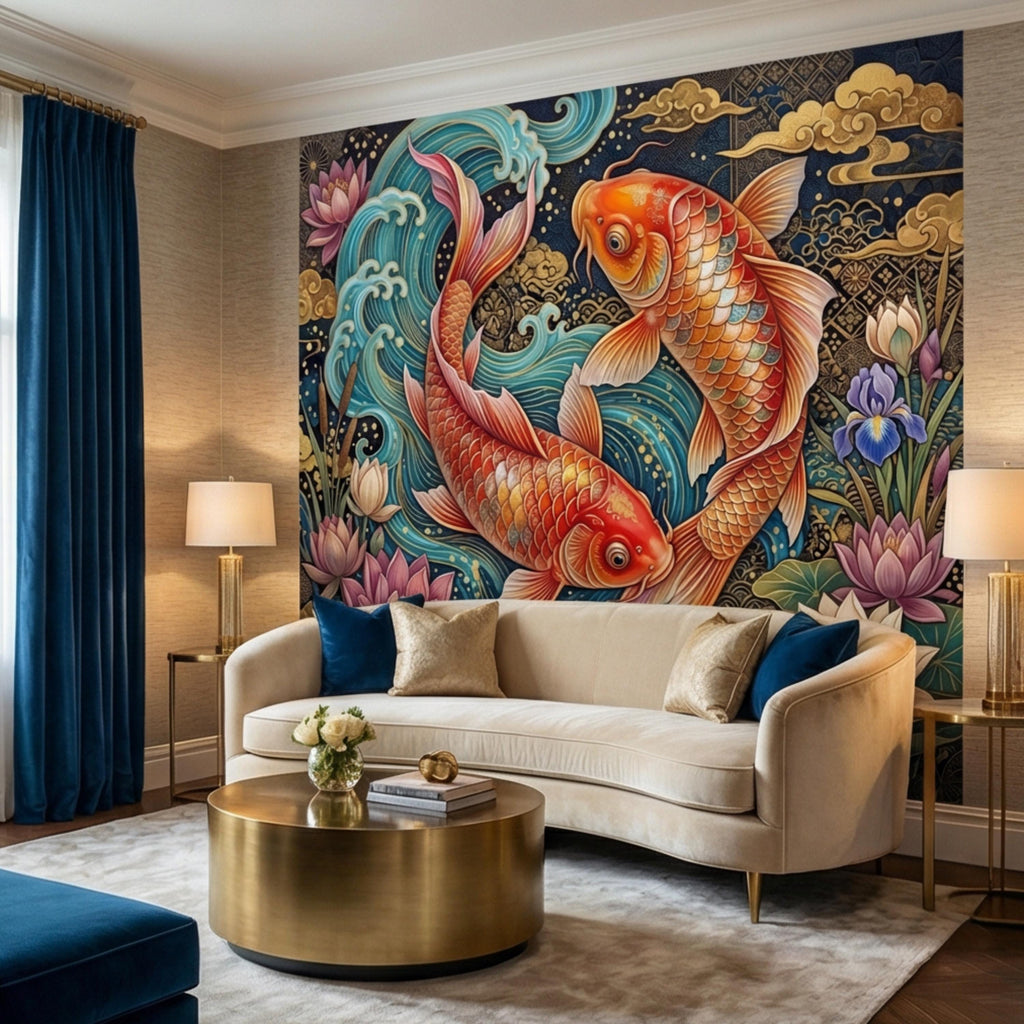 Ornate Japanese Koi Fish Peel and Stick Wall Mural, Opulent Lotus Pond Blue Waves and Gold Clouds Wallpaper