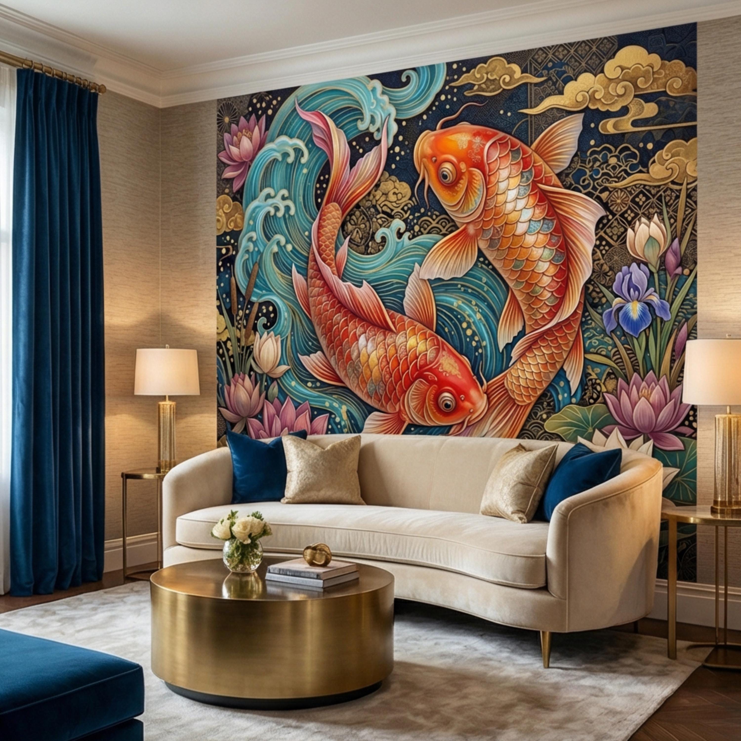 Ornate Japanese Koi Fish Peel and Stick Wall Mural, Opulent Lotus Pond Blue Waves and Gold Clouds Wallpaper