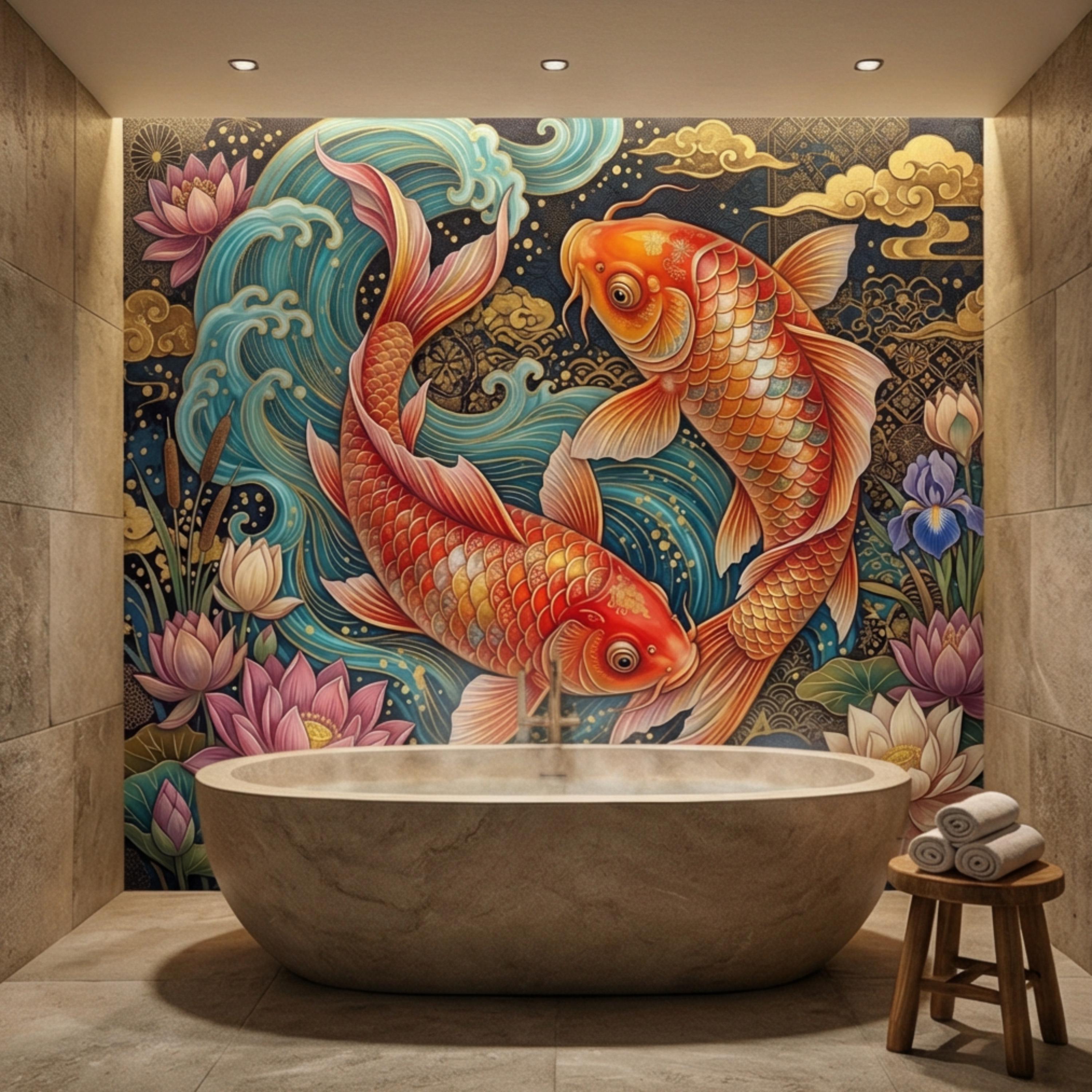 Ornate Japanese Koi Fish Peel and Stick Wall Mural, Opulent Lotus Pond Blue Waves and Gold Clouds Wallpaper