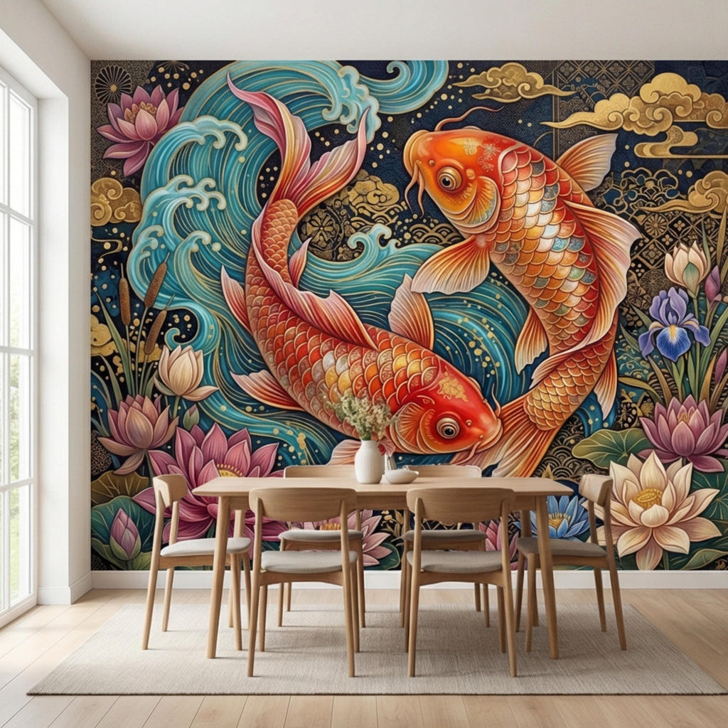 Ornate Japanese Koi Fish Peel and Stick Wall Mural, Opulent Lotus Pond Blue Waves and Gold Clouds Wallpaper