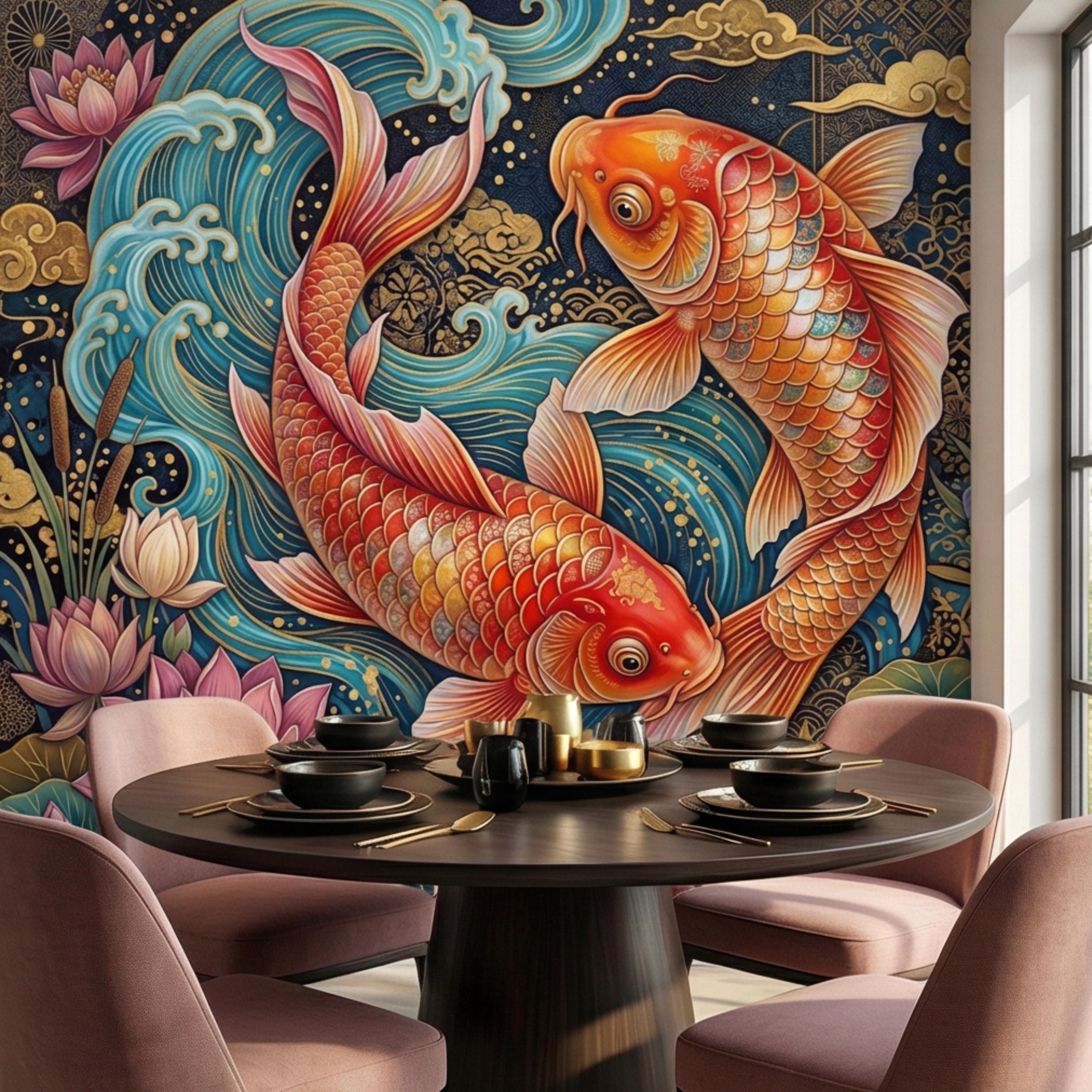 Ornate Japanese Koi Fish Peel and Stick Wall Mural, Opulent Lotus Pond Blue Waves and Gold Clouds Wallpaper