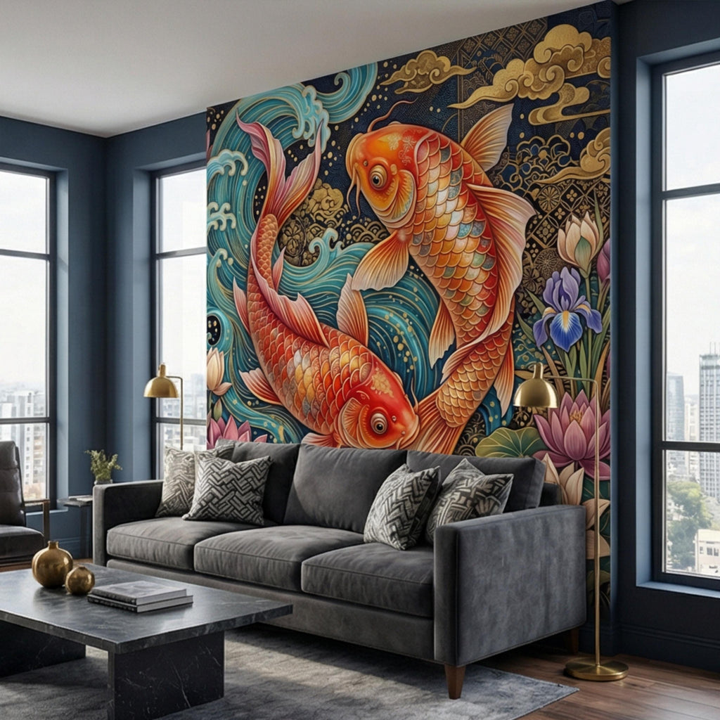 Ornate Japanese Koi Fish Peel and Stick Wall Mural, Opulent Lotus Pond Blue Waves and Gold Clouds Wallpaper
