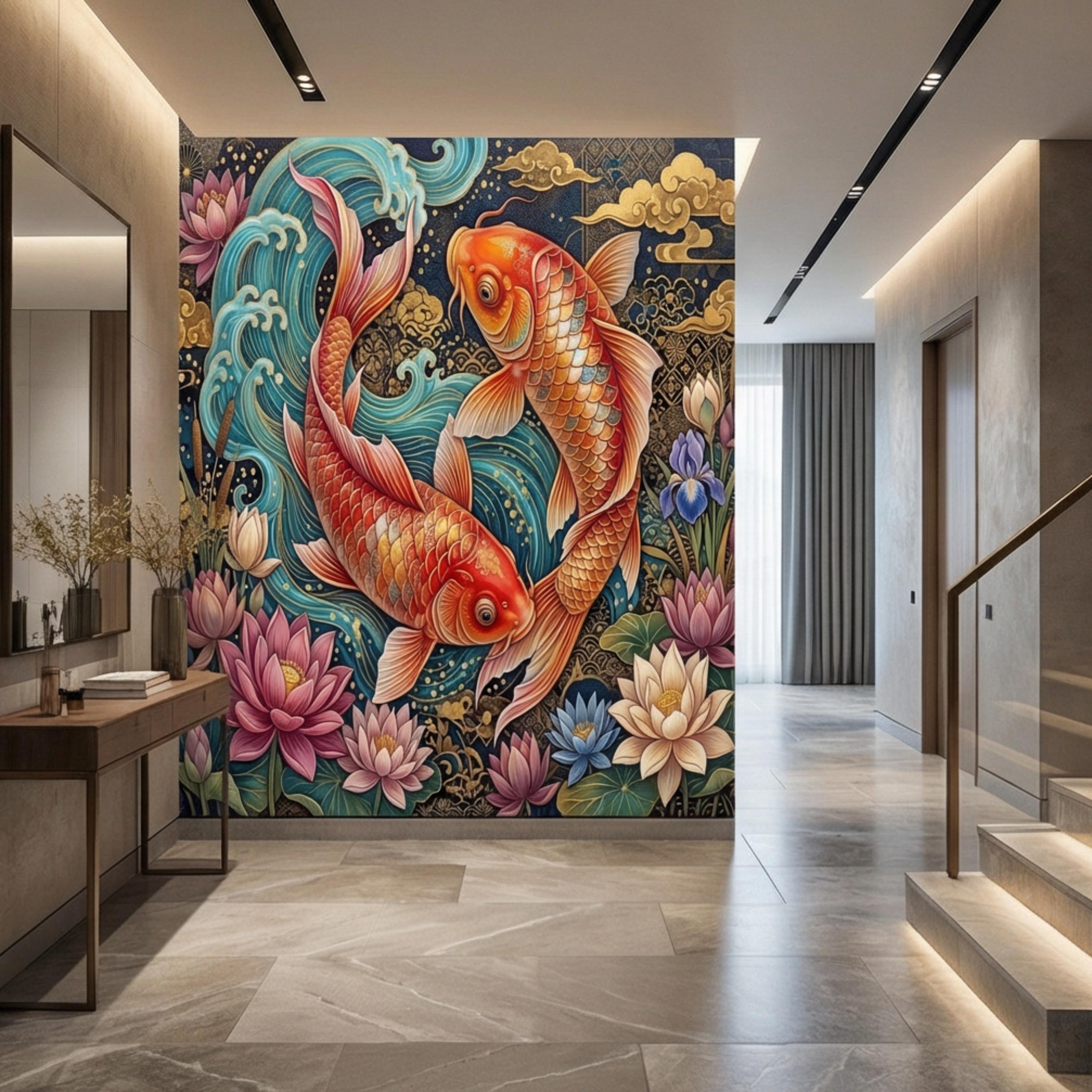 Ornate Japanese Koi Fish Peel and Stick Wall Mural, Opulent Lotus Pond Blue Waves and Gold Clouds Wallpaper