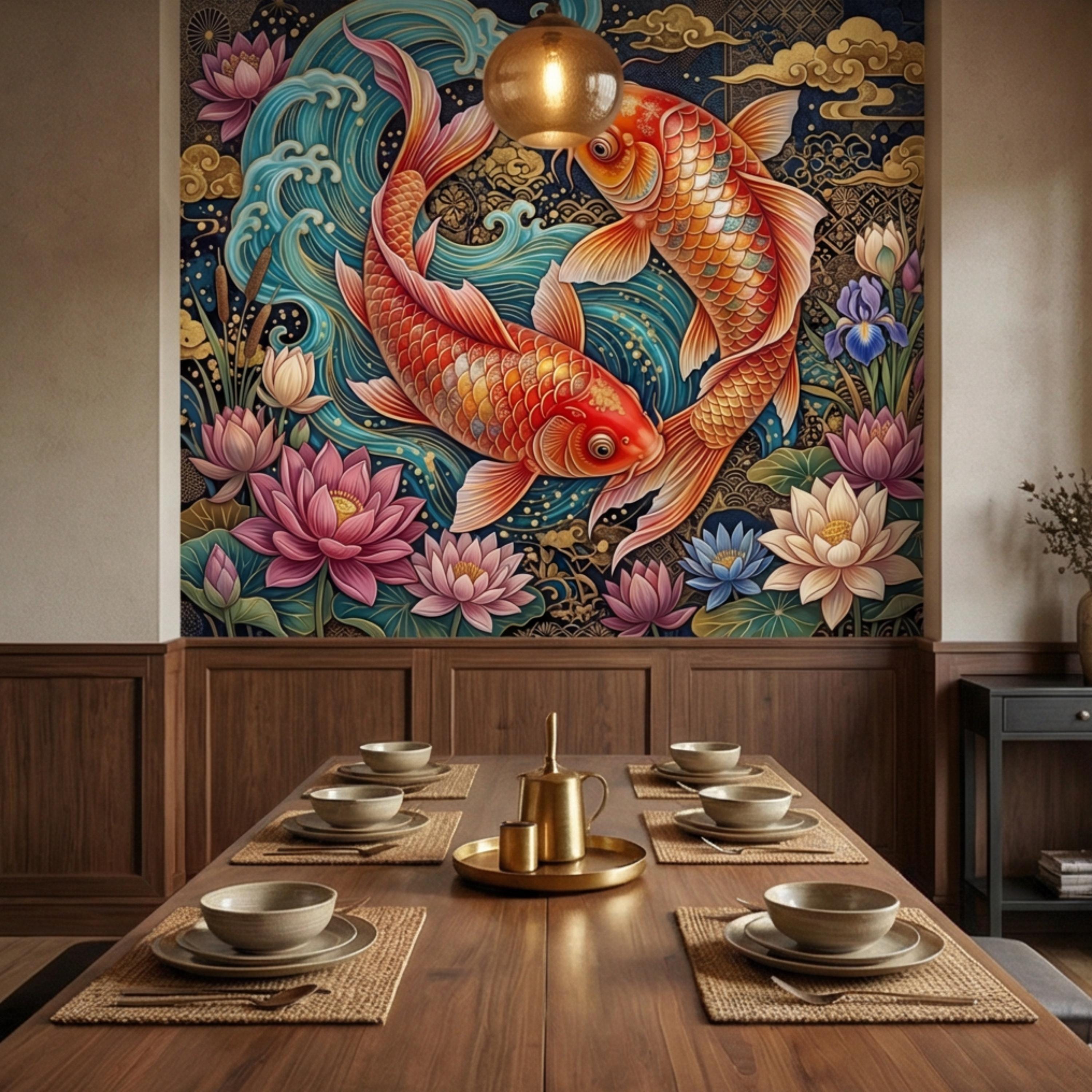 Ornate Japanese Koi Fish Peel and Stick Wall Mural, Opulent Lotus Pond Blue Waves and Gold Clouds Wallpaper