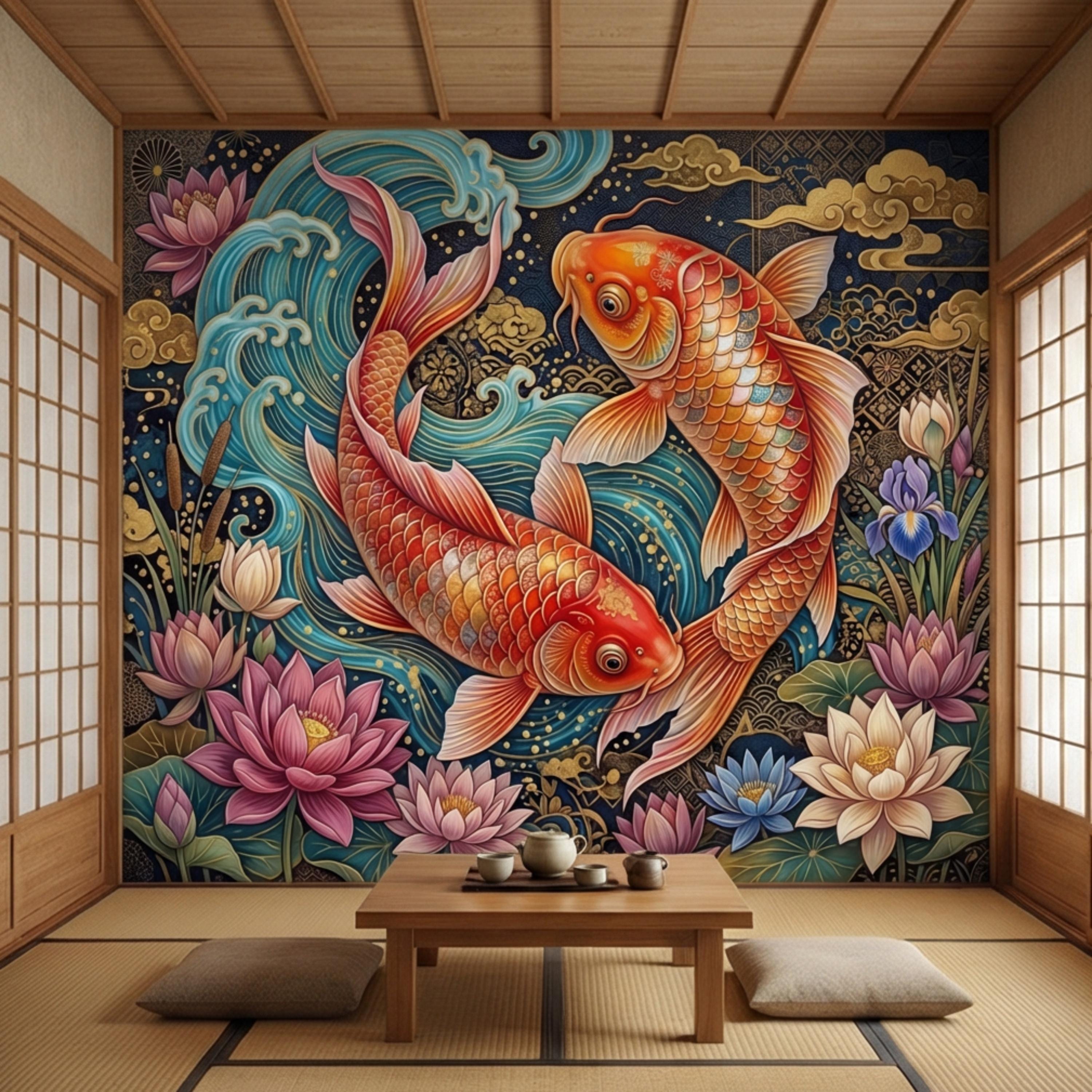 Ornate Japanese Koi Fish Peel and Stick Wall Mural, Opulent Lotus Pond Blue Waves and Gold Clouds Wallpaper