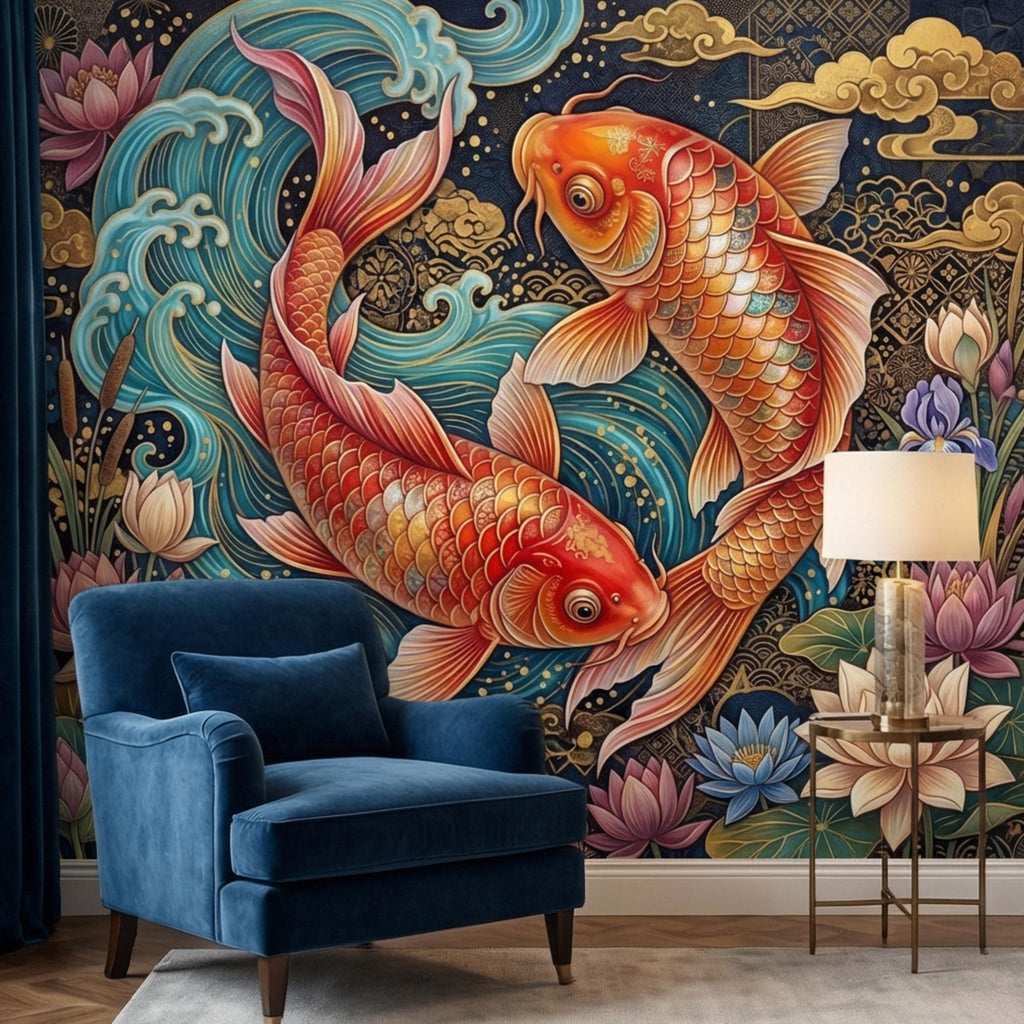 Ornate Japanese Koi Fish Peel and Stick Wall Mural, Opulent Lotus Pond Blue Waves and Gold Clouds Wallpaper