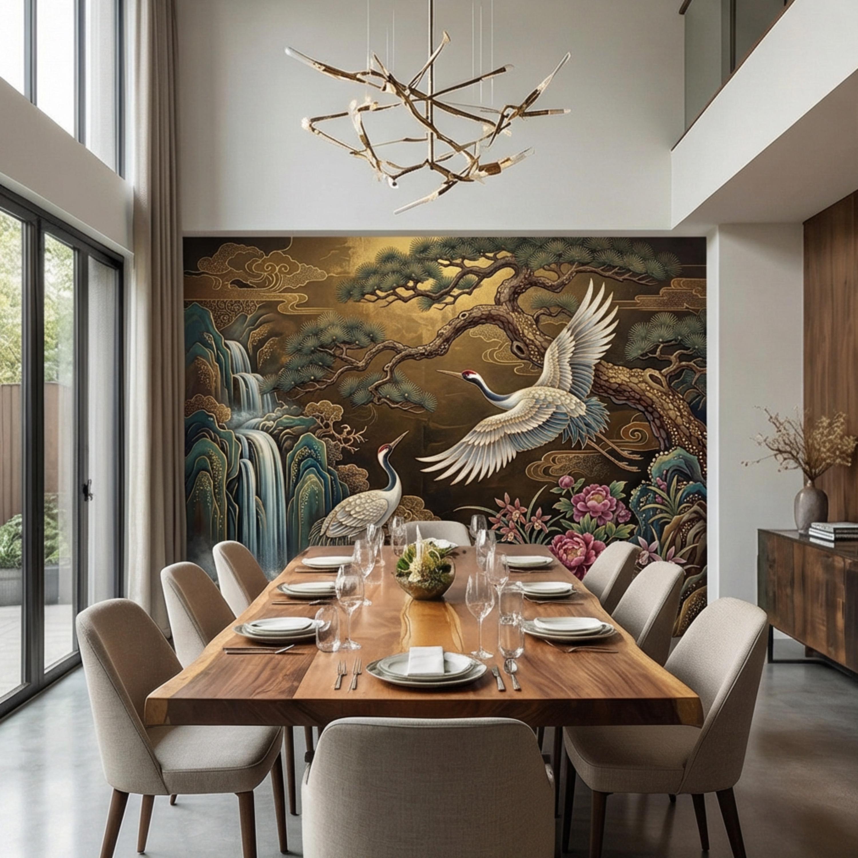 Japanese Crane Waterfall Garden Peel and Stick Wall Mural, Luxury Chinoiserie Floral Wallpaper