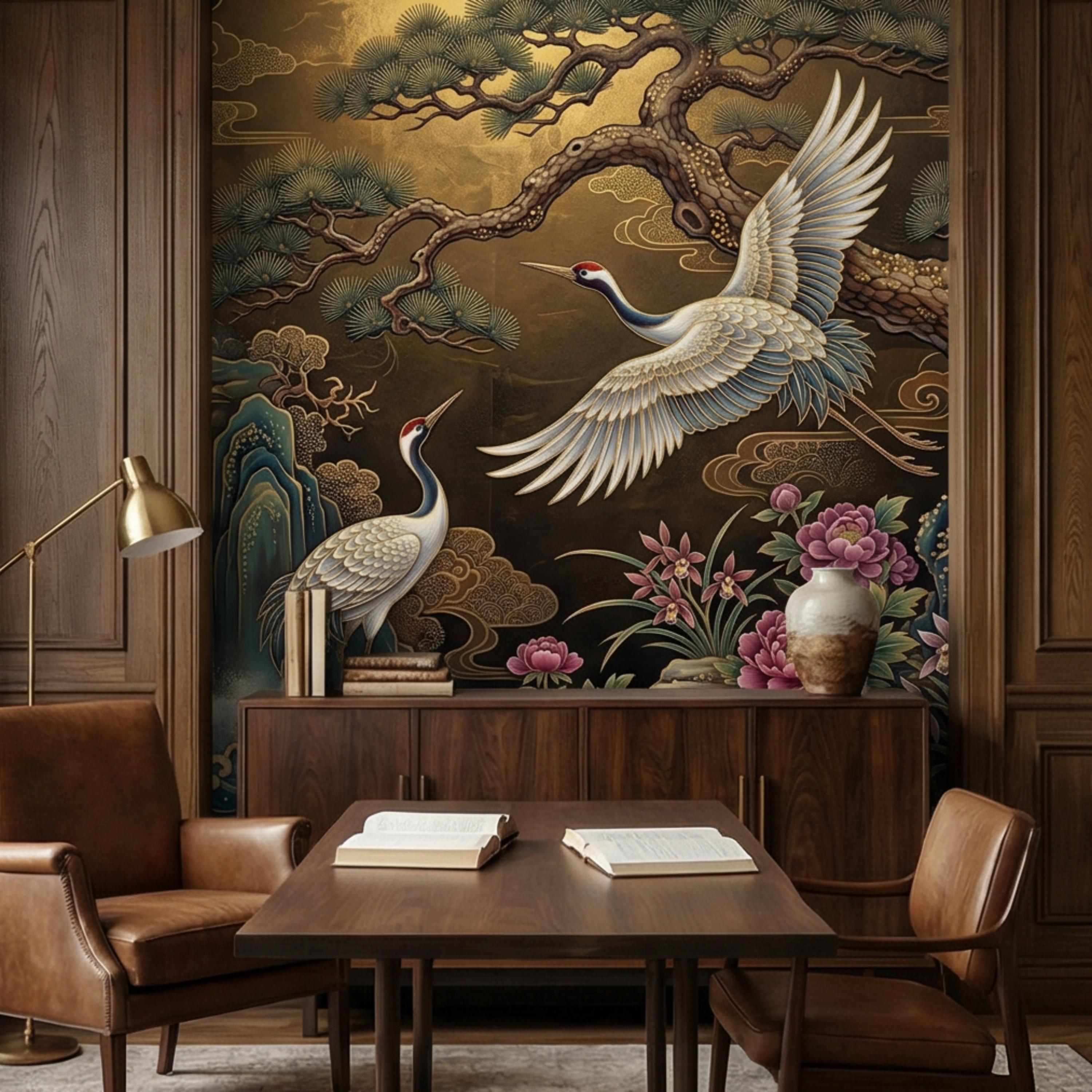 Japanese Crane Waterfall Garden Peel and Stick Wall Mural, Luxury Chinoiserie Floral Wallpaper