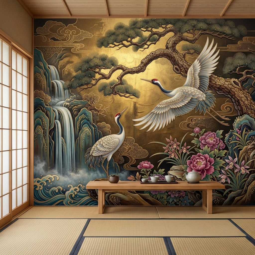 Japanese Crane Waterfall Garden Peel and Stick Wall Mural, Luxury Chinoiserie Floral Wallpaper