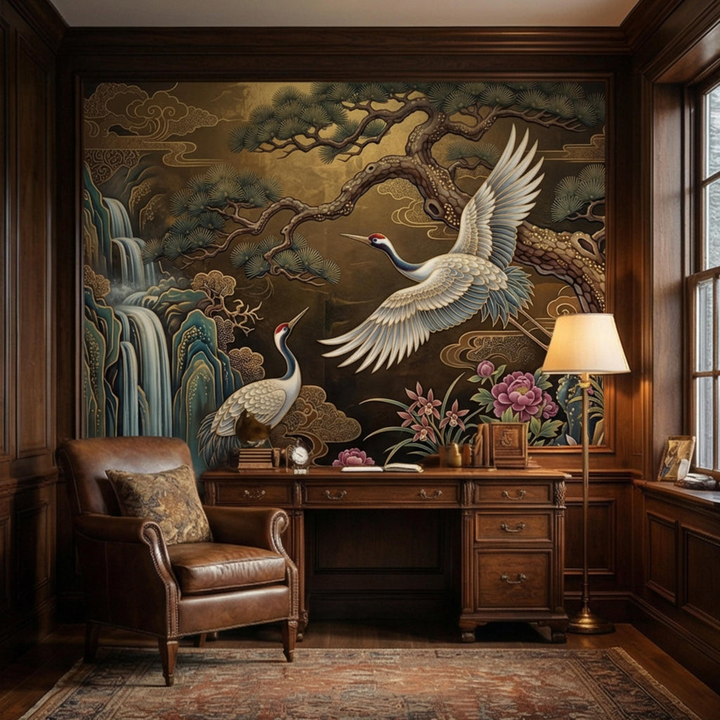 Japanese Crane Waterfall Garden Peel and Stick Wall Mural, Luxury Chinoiserie Floral Wallpaper