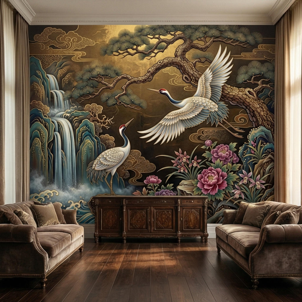 Japanese Crane Waterfall Garden Peel and Stick Wall Mural, Luxury Chinoiserie Floral Wallpaper