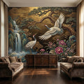 Japanese Crane Waterfall Garden Peel and Stick Wall Mural, Luxury Chinoiserie Floral Wallpaper
