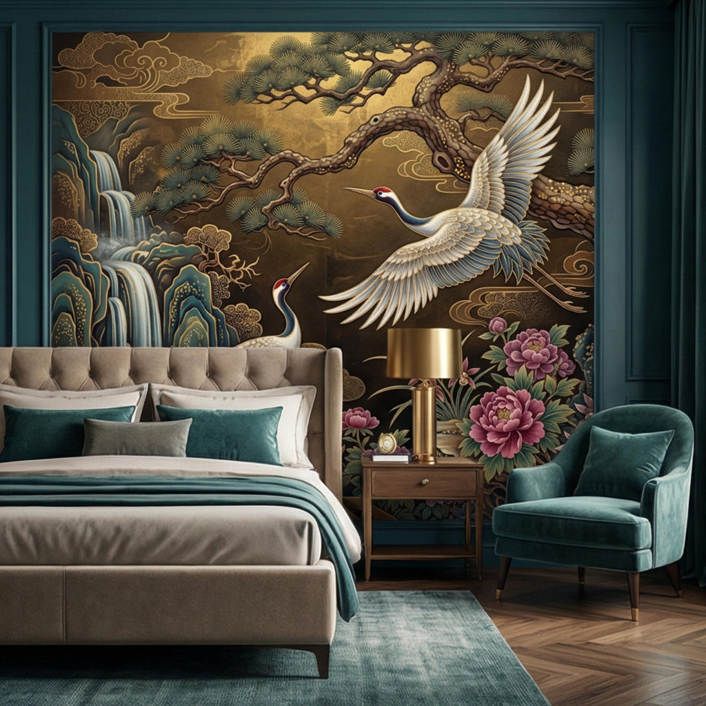 Japanese Crane Waterfall Garden Peel and Stick Wall Mural, Luxury Chinoiserie Floral Wallpaper