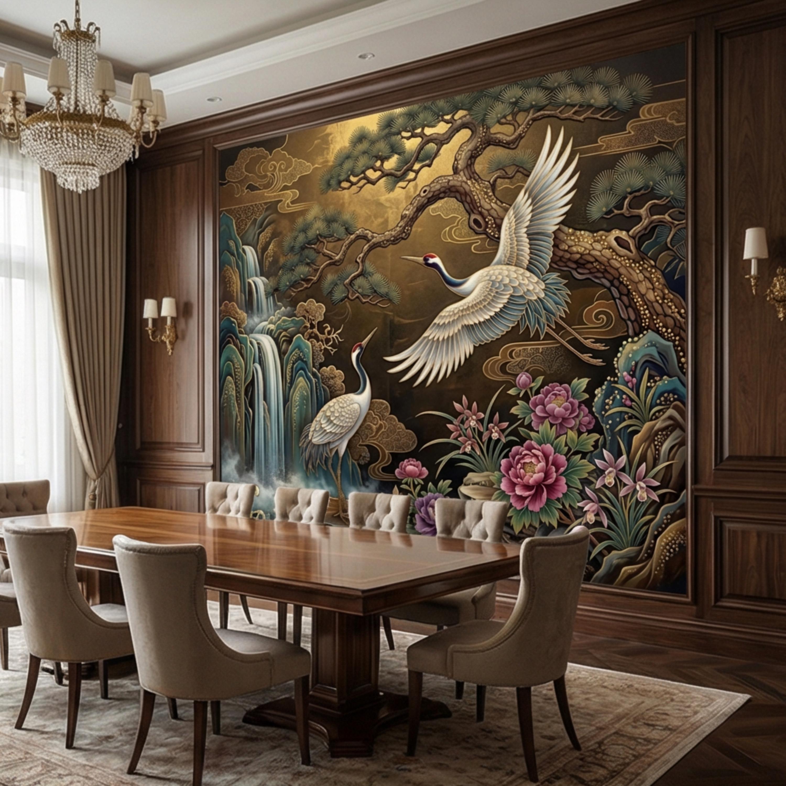 Japanese Crane Waterfall Garden Peel and Stick Wall Mural, Luxury Chinoiserie Floral Wallpaper