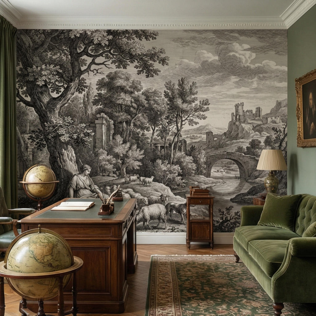 Antique European Pastoral Engraving Peel and Stick Wall Mural, Vintage Shepherd River Bridge Landscape, Old World Etching Wallpaper
