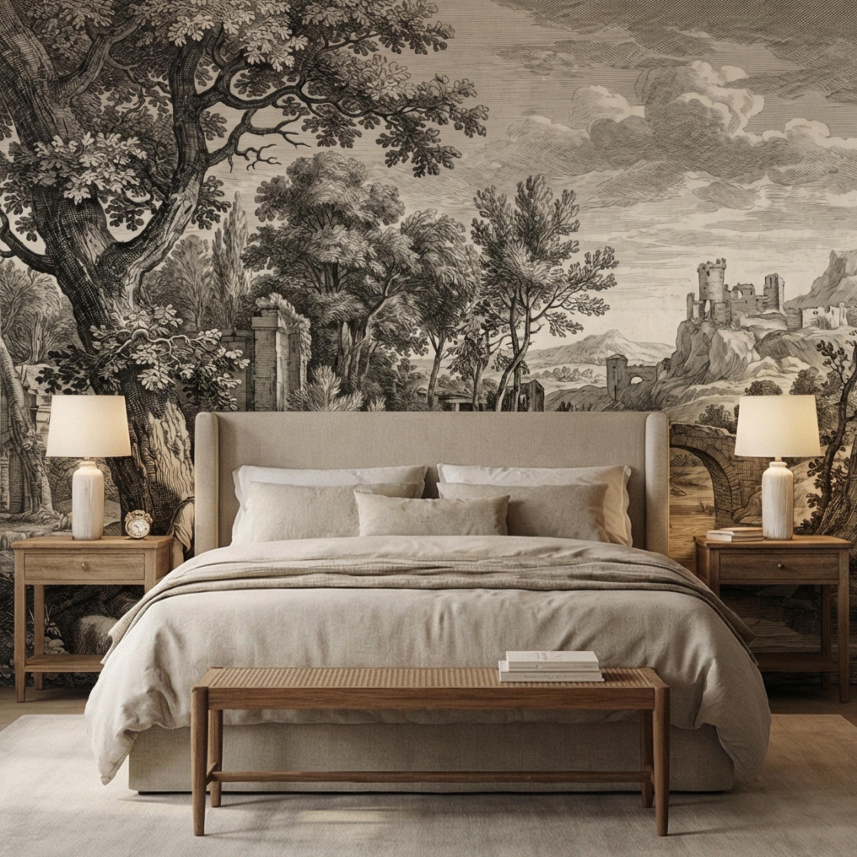 Antique European Pastoral Engraving Peel and Stick Wall Mural, Vintage Shepherd River Bridge Landscape, Old World Etching Wallpaper