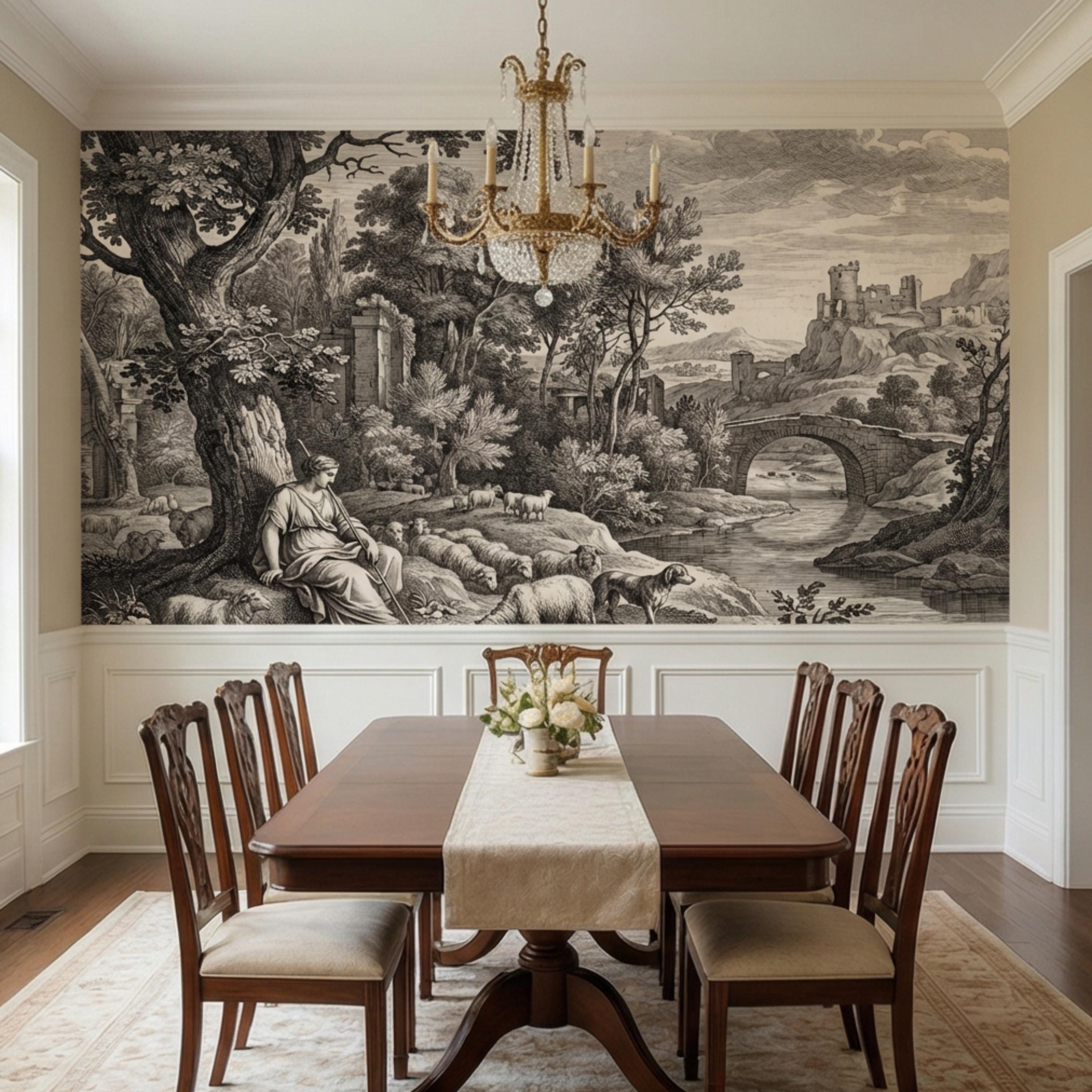 Antique European Pastoral Engraving Peel and Stick Wall Mural, Vintage Shepherd River Bridge Landscape, Old World Etching Wallpaper