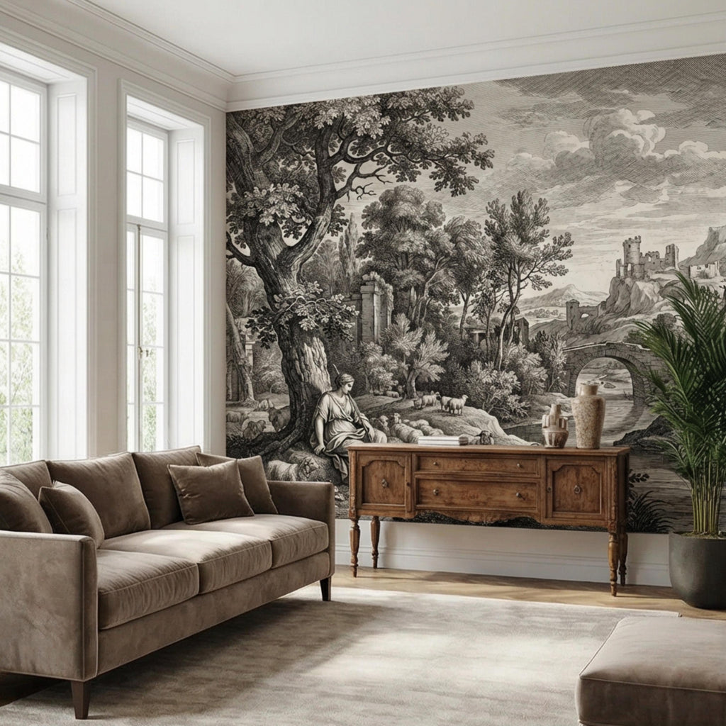 Antique European Pastoral Engraving Peel and Stick Wall Mural, Vintage Shepherd River Bridge Landscape, Old World Etching Wallpaper
