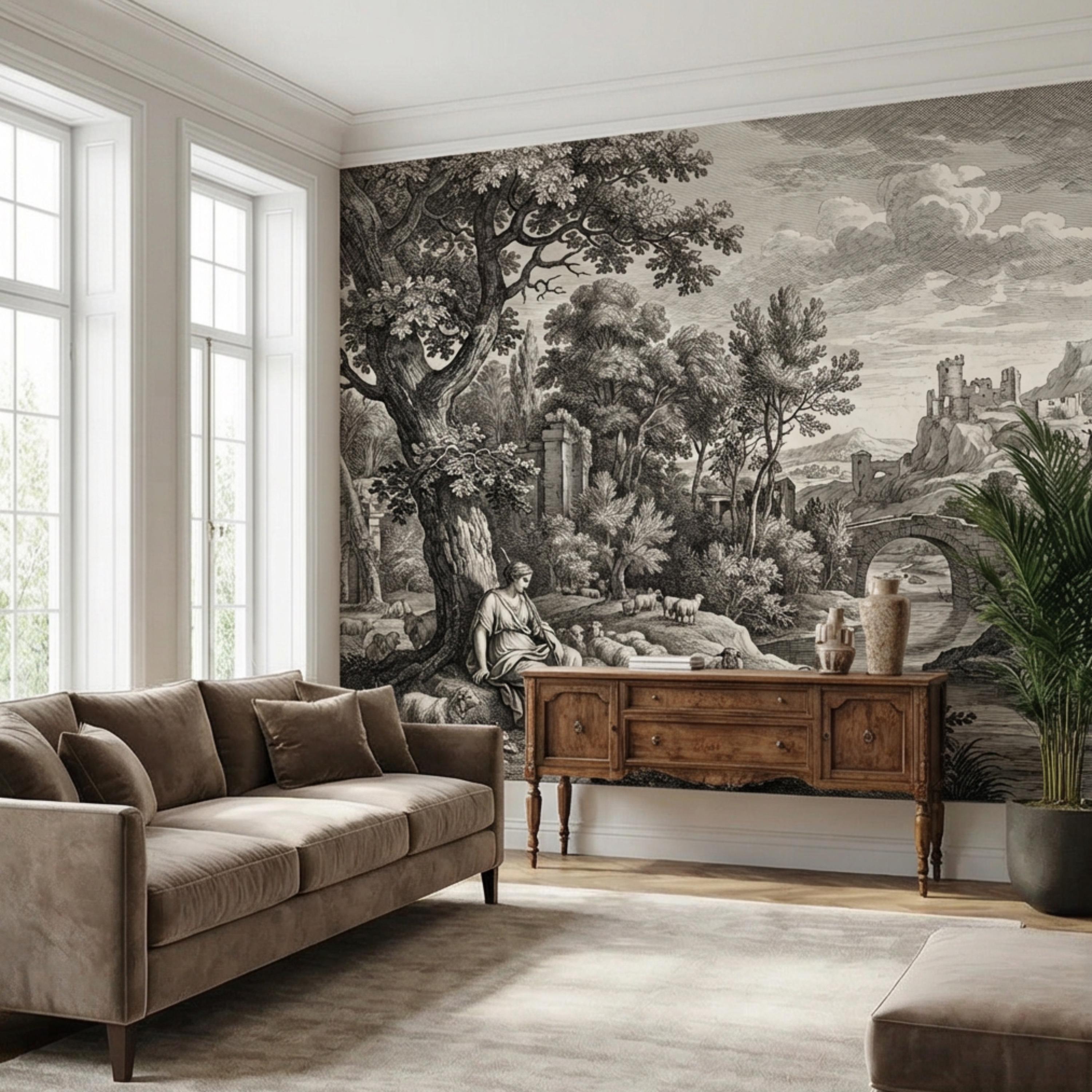Antique European Pastoral Engraving Peel and Stick Wall Mural, Vintage Shepherd River Bridge Landscape, Old World Etching Wallpaper