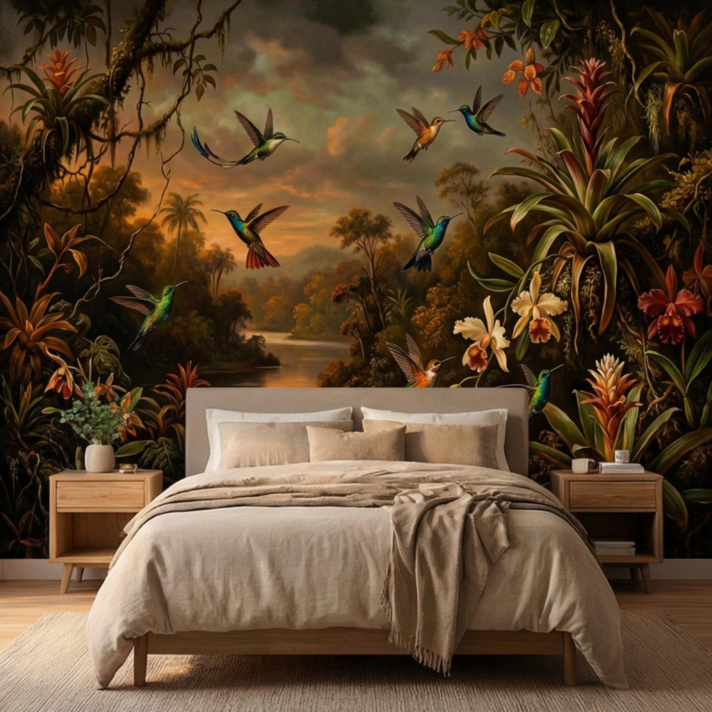 Tropical Hummingbird Jungle Peel and Stick Wall Mural, Dark Botanical Rainforest Landscape with Orchids, Moody Exotic Nature Wallpaper
