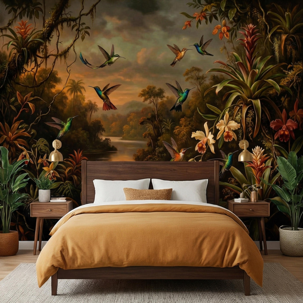 Tropical Hummingbird Jungle Peel and Stick Wall Mural, Dark Botanical Rainforest Landscape with Orchids, Moody Exotic Nature Wallpaper